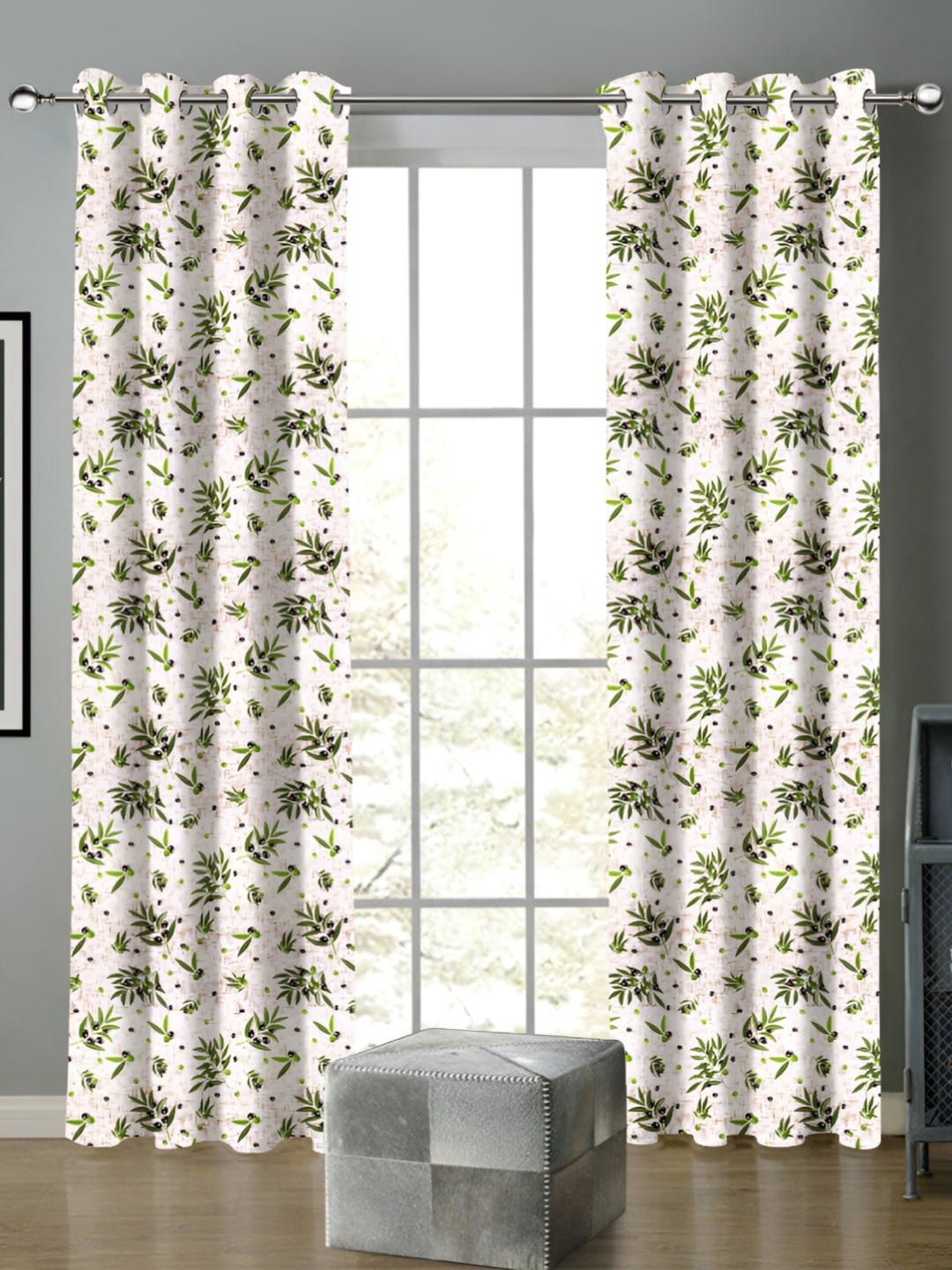 

Airwill White & Green 2 Pieces Floral Printed Room Darkening Door Curtain