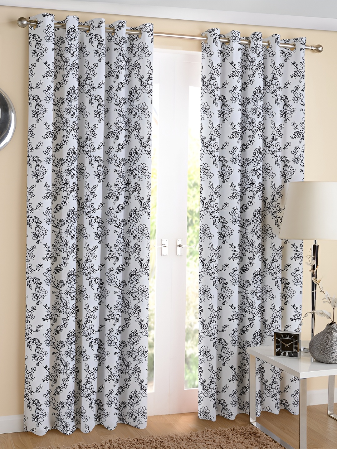 

Airwill Black & White 2 Pieces Floral Printed Room Darkening Long Door Curtain