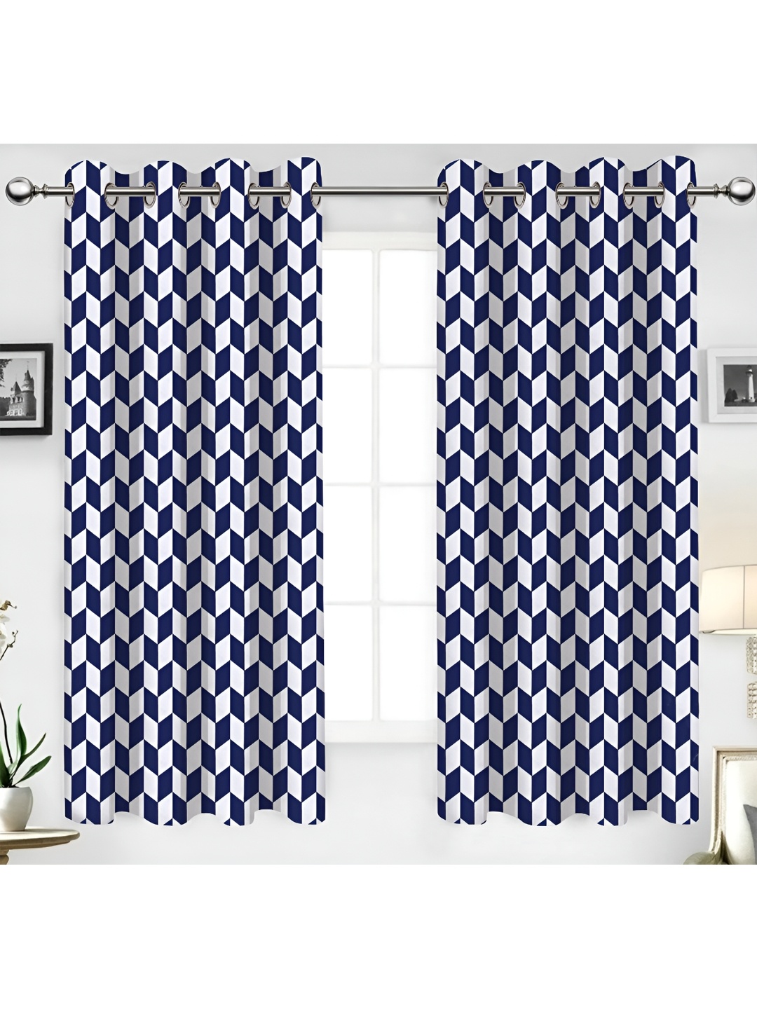 

Airwill Blue & White 2 Pcs Geometric Room Darkening Cotton Window Curtains