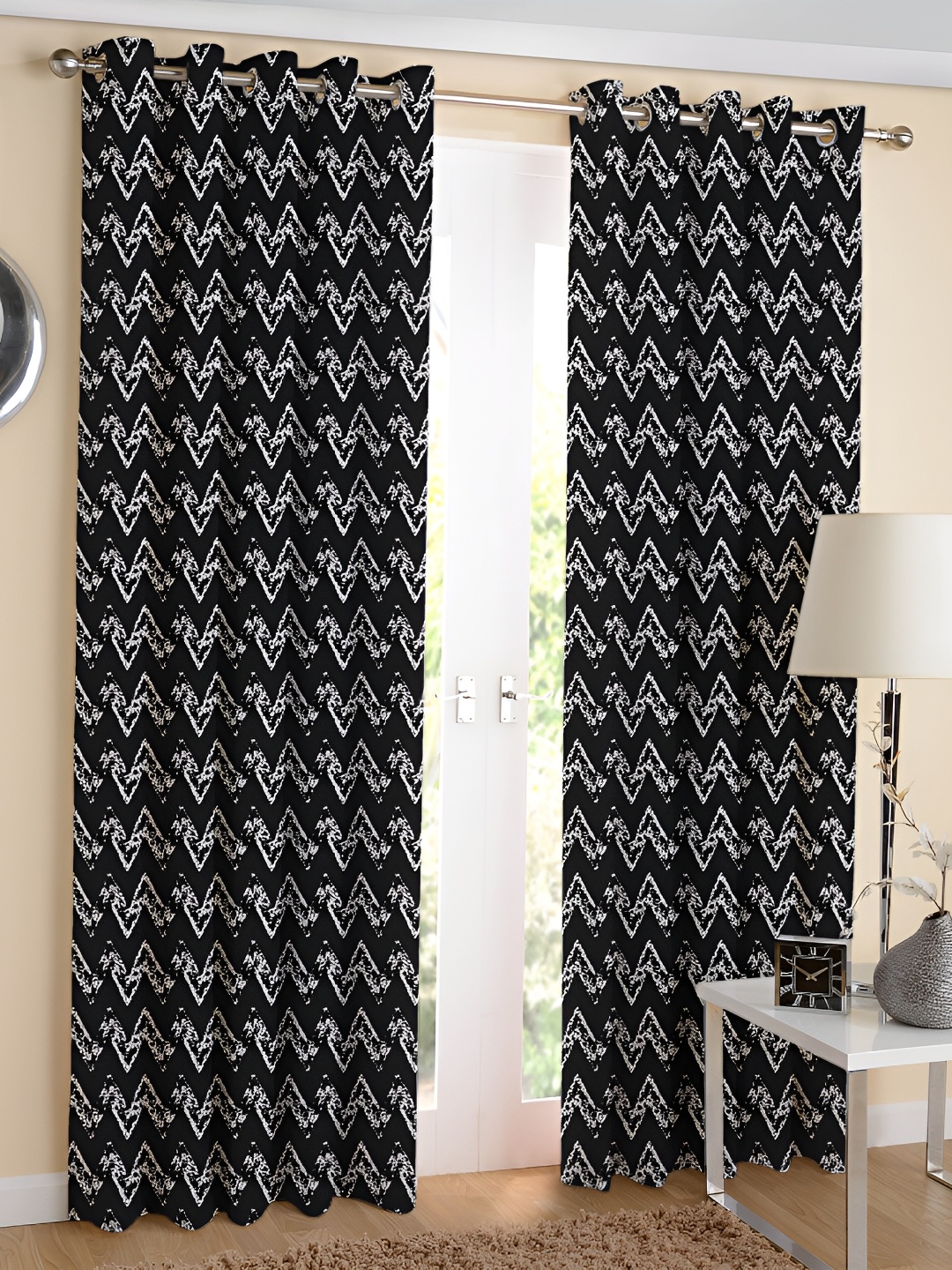 

Airwill Black & White 2 Pieces Geometric Printed Room Darkening Long Door Curtain