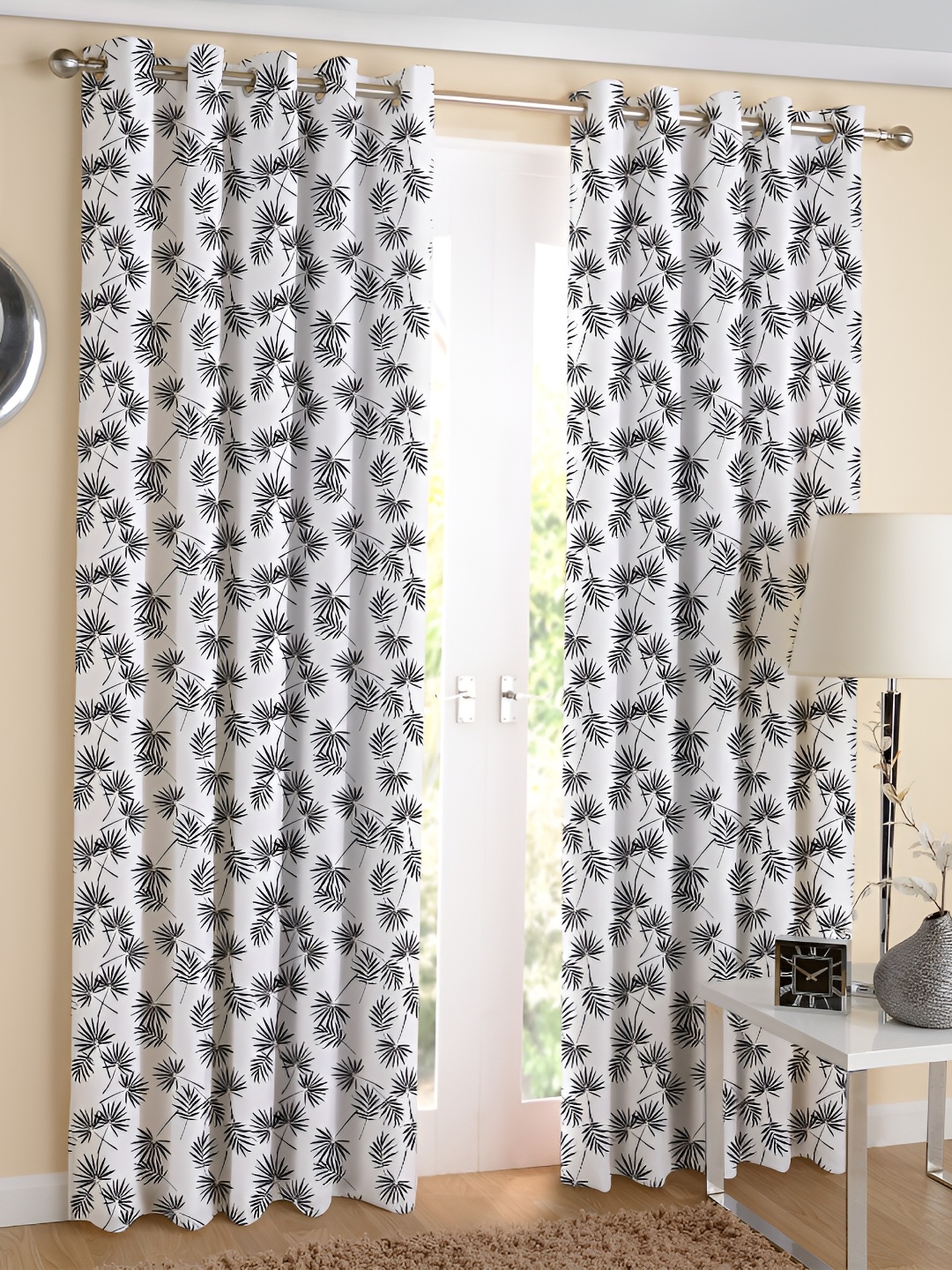 

Airwill Black White 2 Pieces Floral Cotton Room Darkening Long Door Curtain