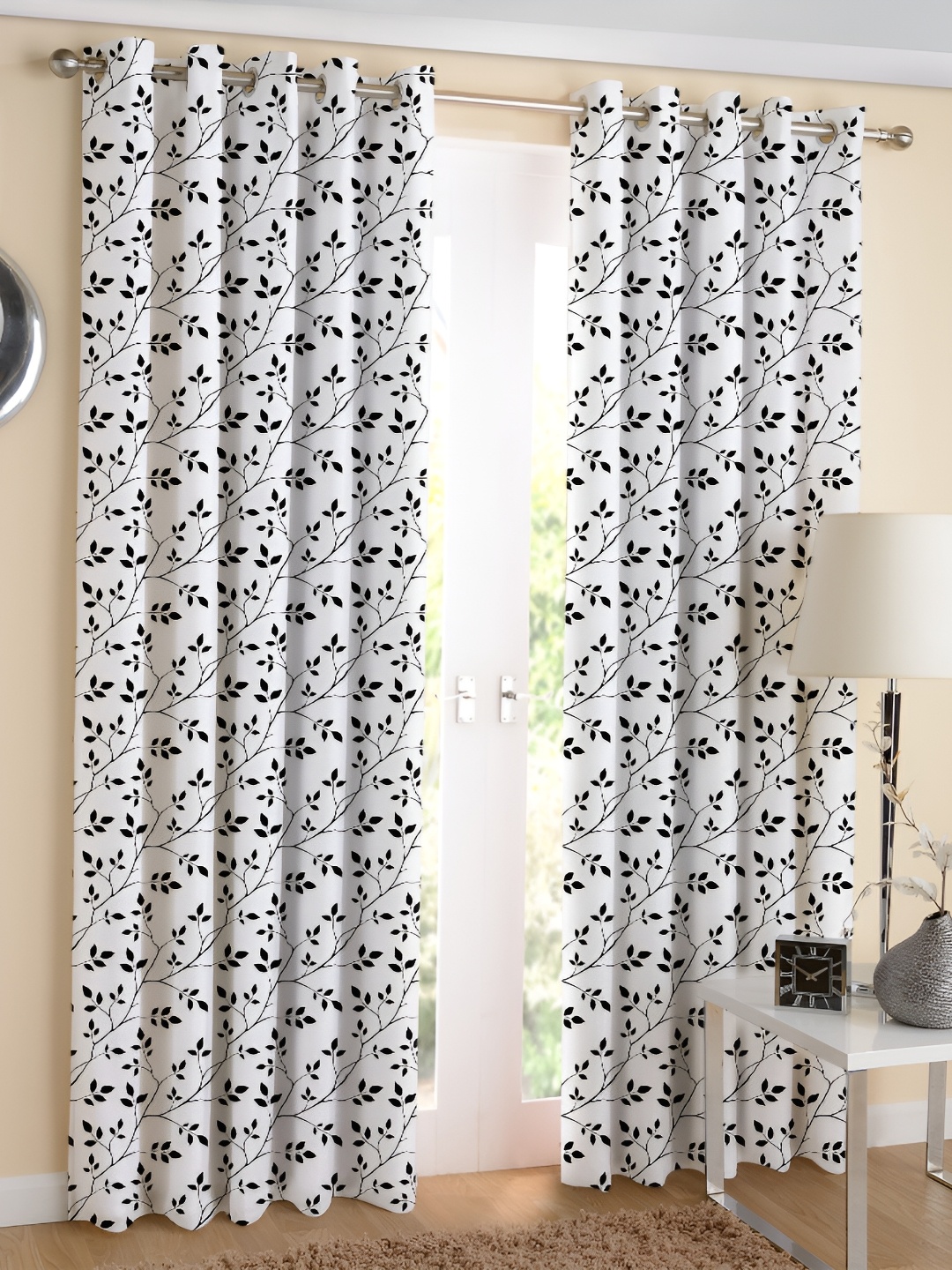 

Airwill Black & White 2 Pieces Floral Printed Room Darkening Long Door Curtain