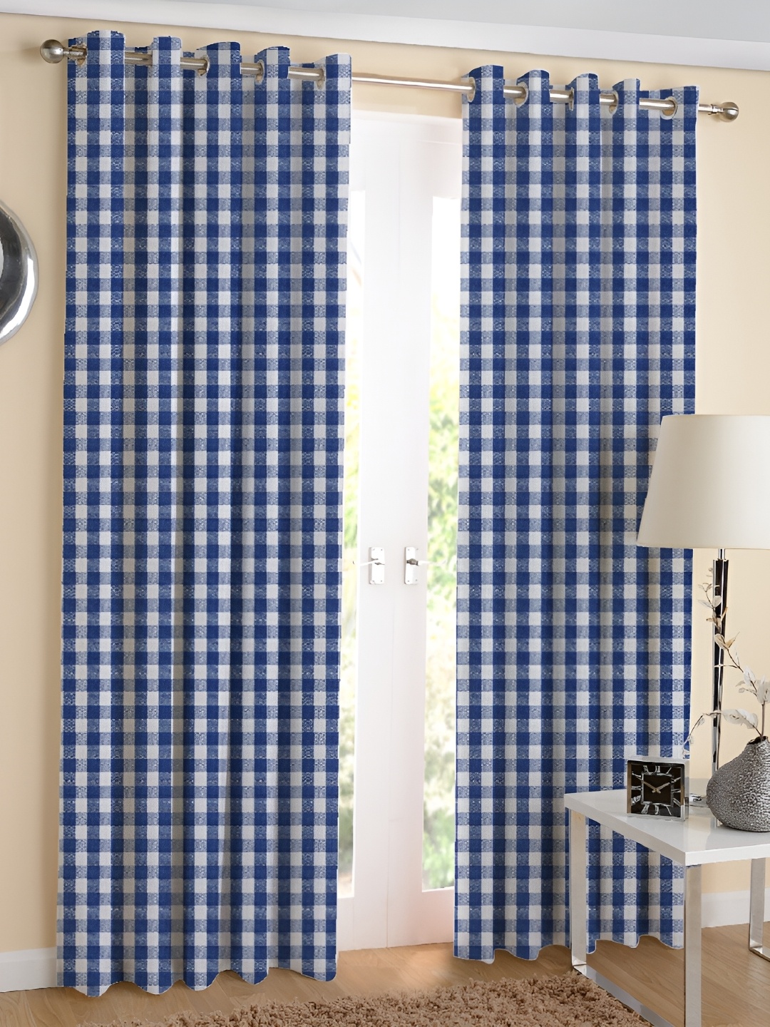 

Airwill Blue White 2 Pieces Geometric Cotton Room Darkening Long Door Curtain