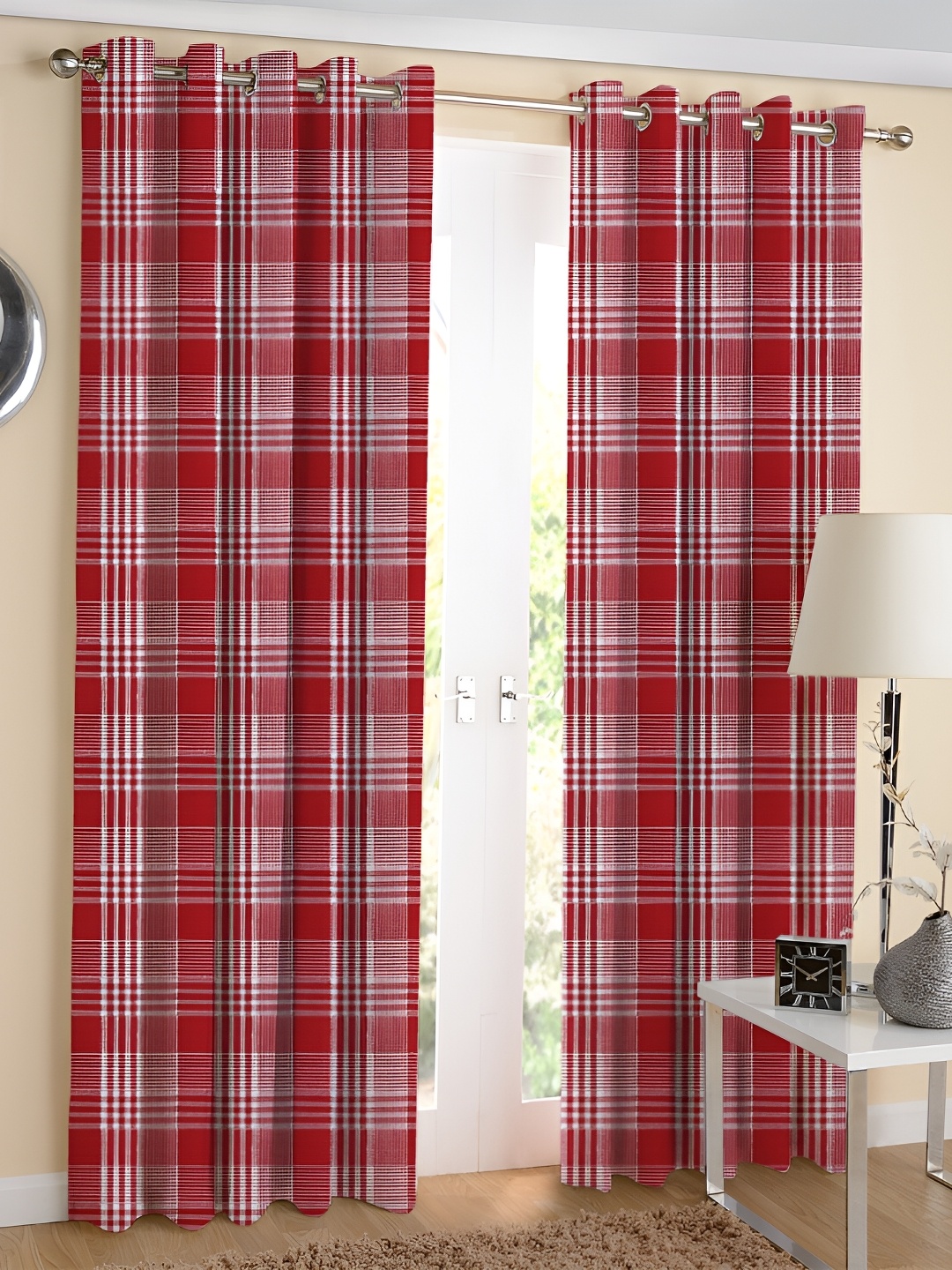 

Airwill Red & White 2Pcs Geometric Room Darkening Long Door Curtain