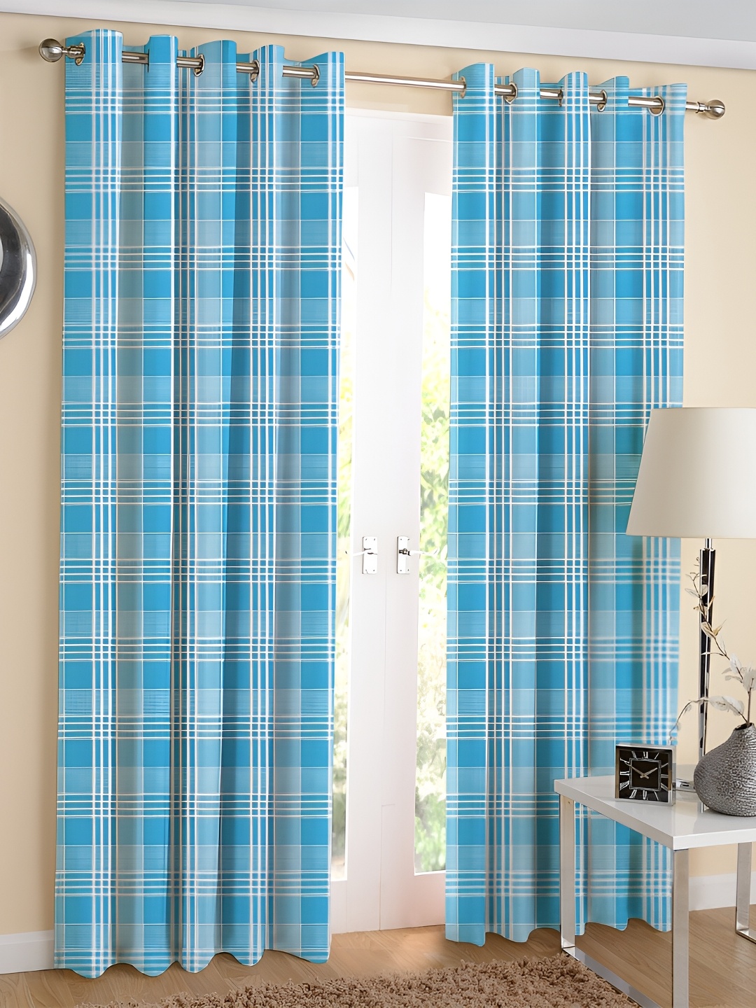 

Airwill Blue & White 2 Pcs Geometric Room Darkening Cotton Long Door Curtain