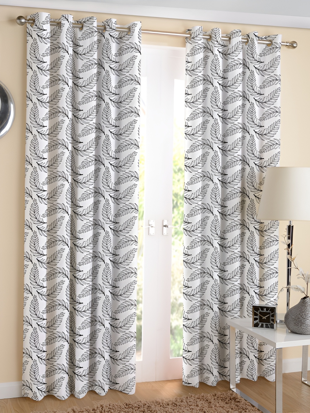 

Airwill Black & White 2 Pcs Floral Room Darkening Cotton Long Door Curtain