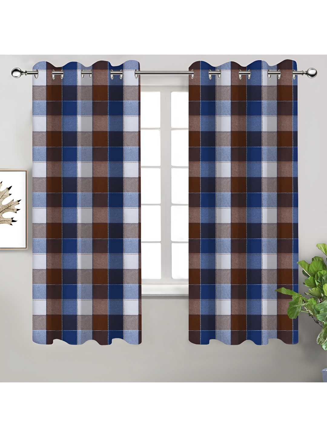 

Airwill Blue Brown 2 Pieces Geometric Cotton Room Darkening Window Curtain