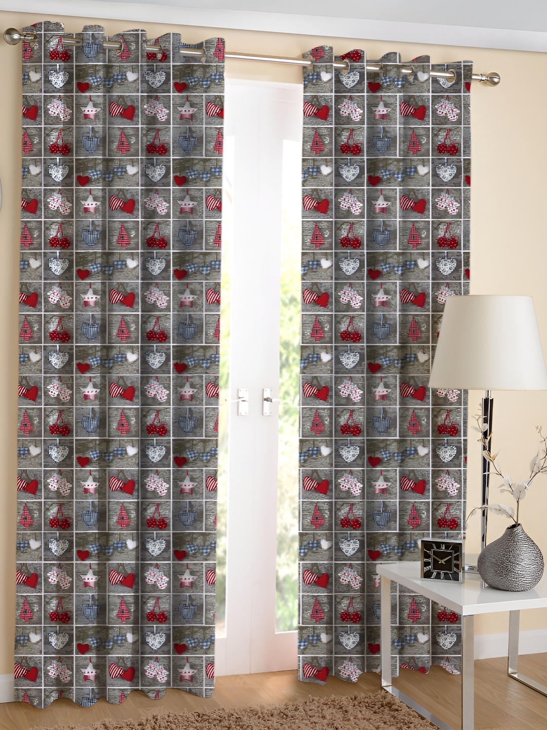 

Airwill Grey Red 2 Pieces Abstract Cotton Room Darkening Long Door Curtain