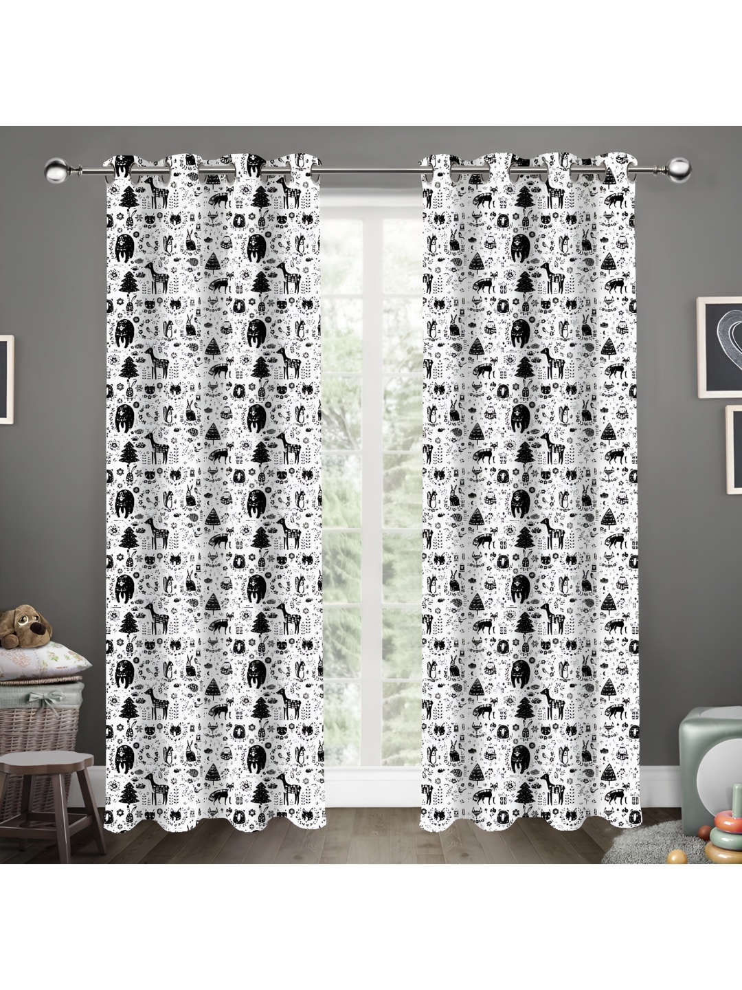 

Airwill Black & White 2 Pieces Floral Printed Room Darkening Door Curtain