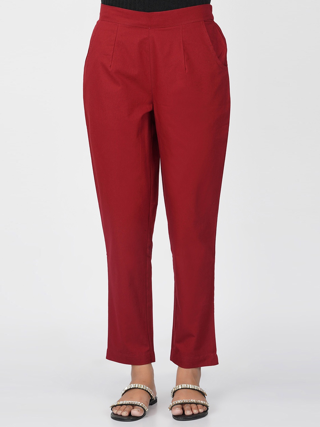

SPARSA Women Mid-Rise Easy Wash Pure Cotton Trousers, Maroon