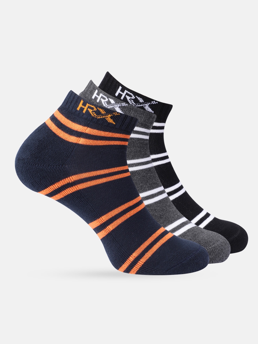 

HRX by Hrithik Roshan Men Set of 3 Striped Ankle-Length Socks, Navy blue