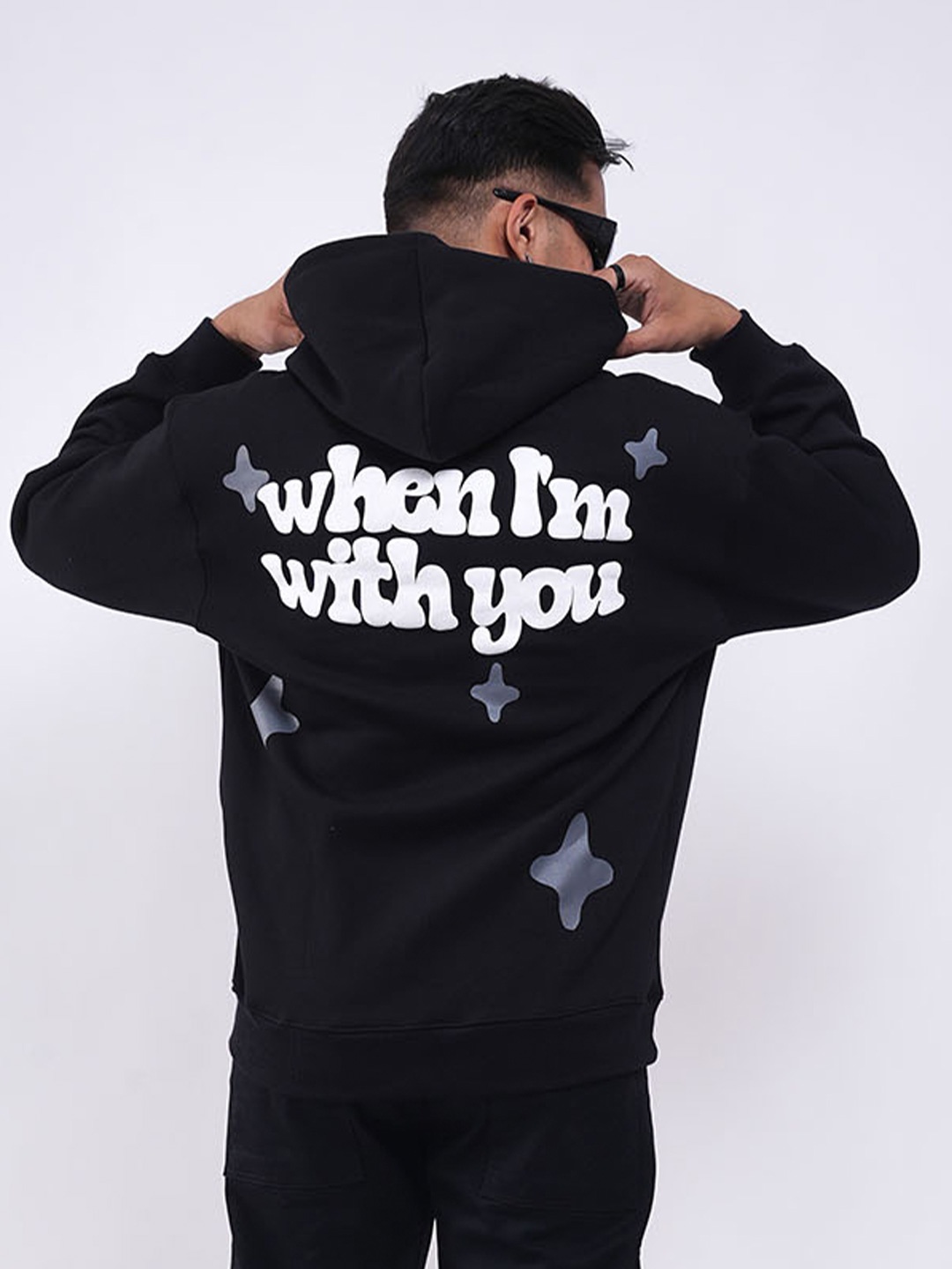 

Main Character India Typography Printed Hooded Oversized Pullover Sweatshirt, Black