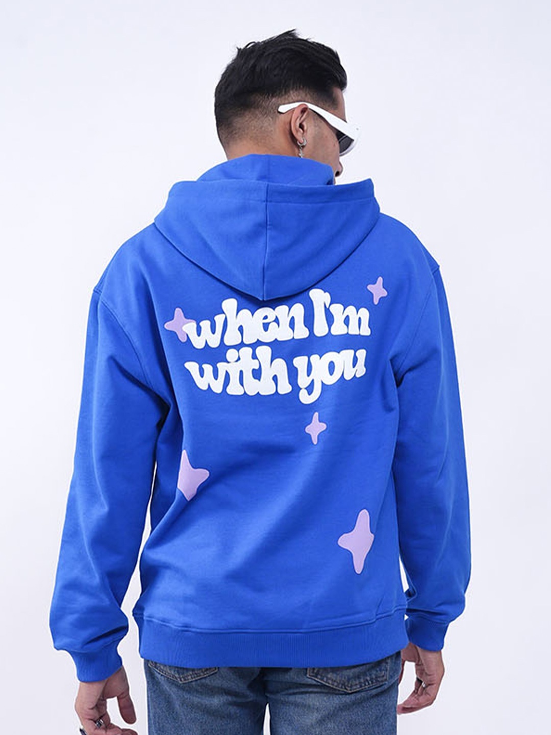 

Main Character India Typography Printed Hooded Oversized Pullover Sweatshirt, Blue