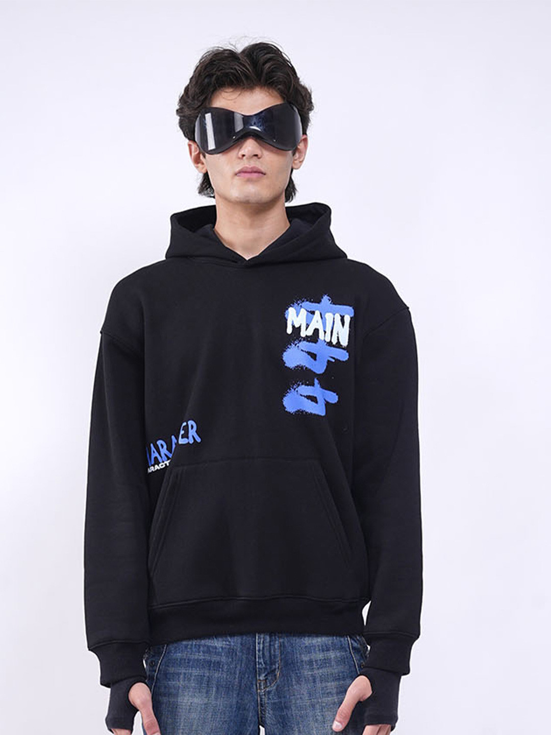 

Main Character India Typography Printed Hooded Oversized Cotton Pullover Sweatshirt, Black