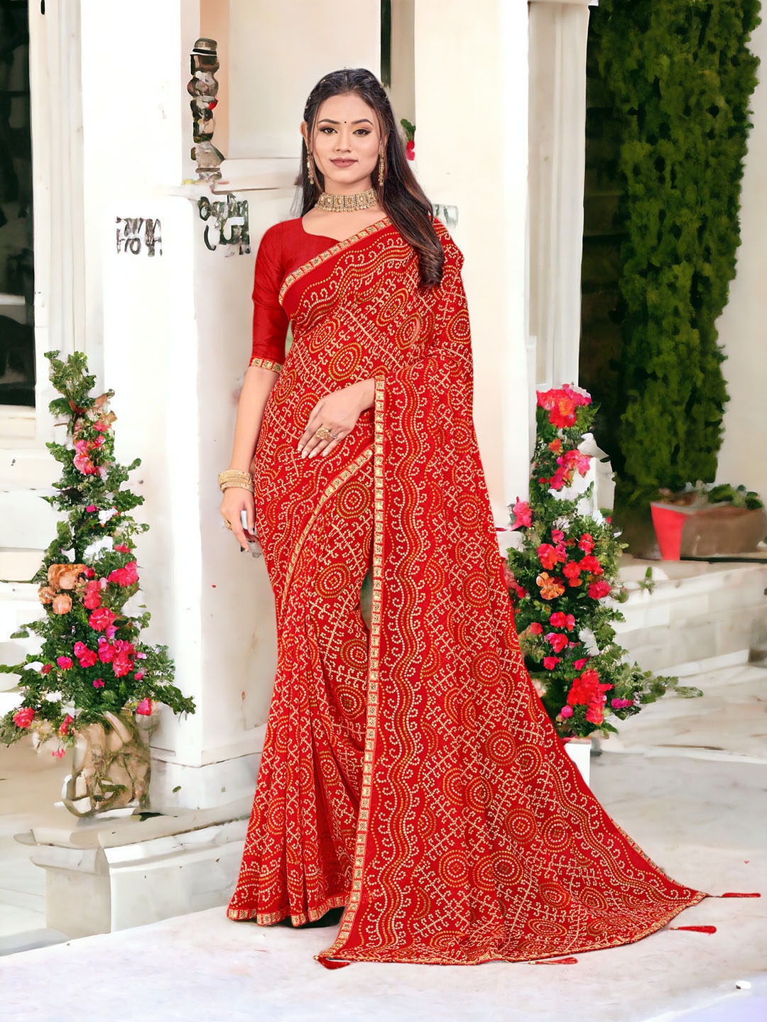 

DIVASTRI Bandhani Printed Pure Georgette Lace Border Saree, Red