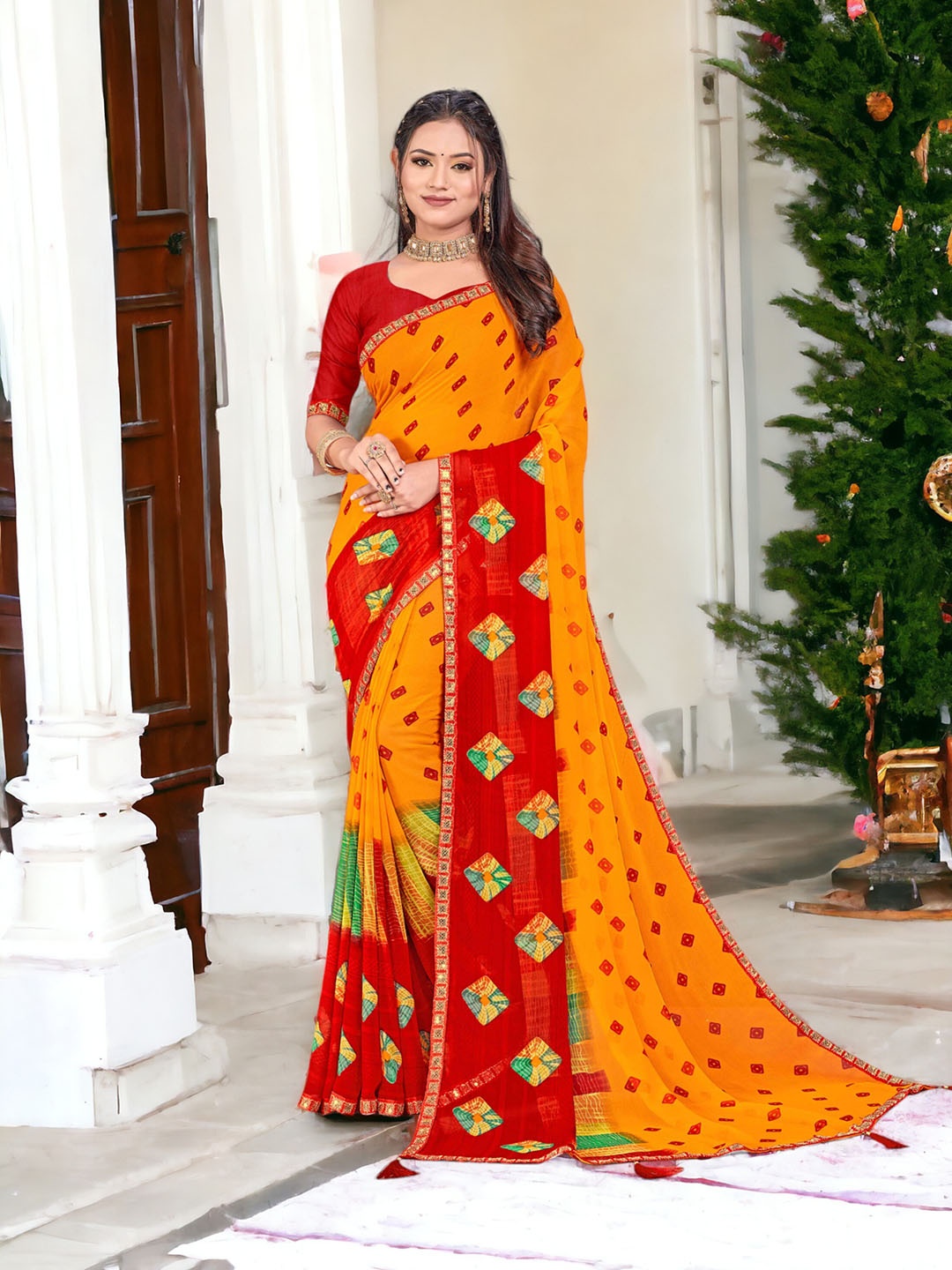

DIVASTRI Geometric Printed Pure Georgette Lace Border Bandhani Saree, Yellow