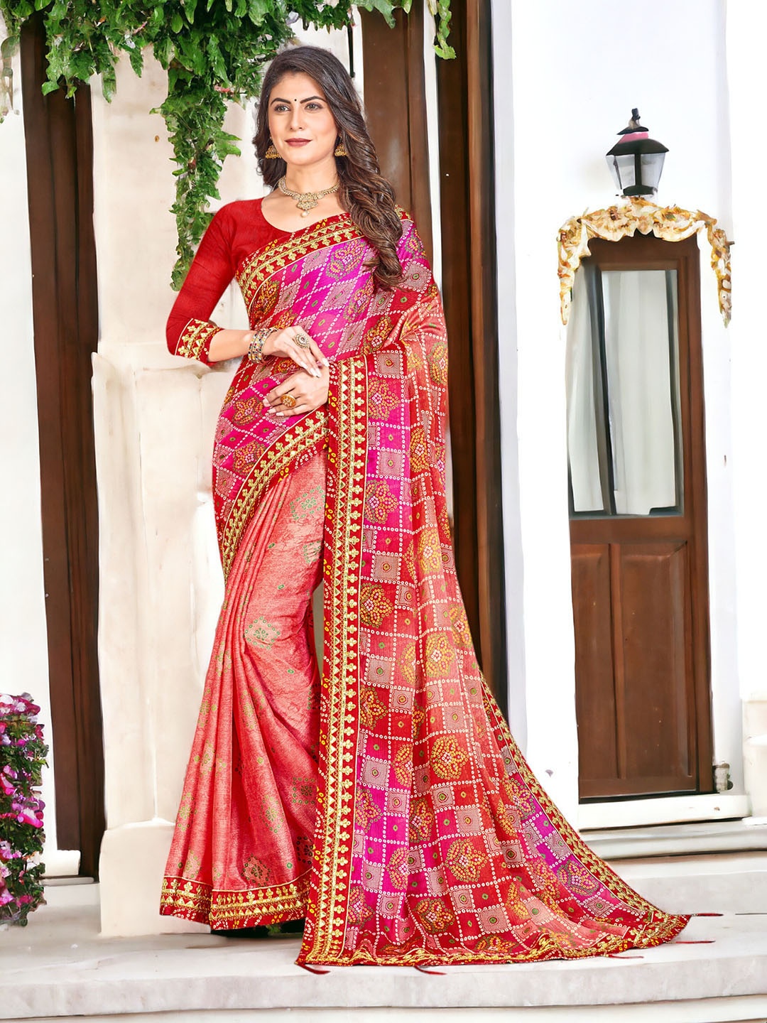 

DIVASTRI Bandhani Printed Pure Georgette Lace Border Saree, Pink