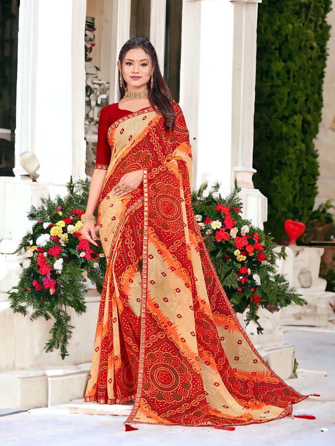 

DIVASTRI Bandhani Printed Embroidered Pure Georgette Lace Border Saree, Red