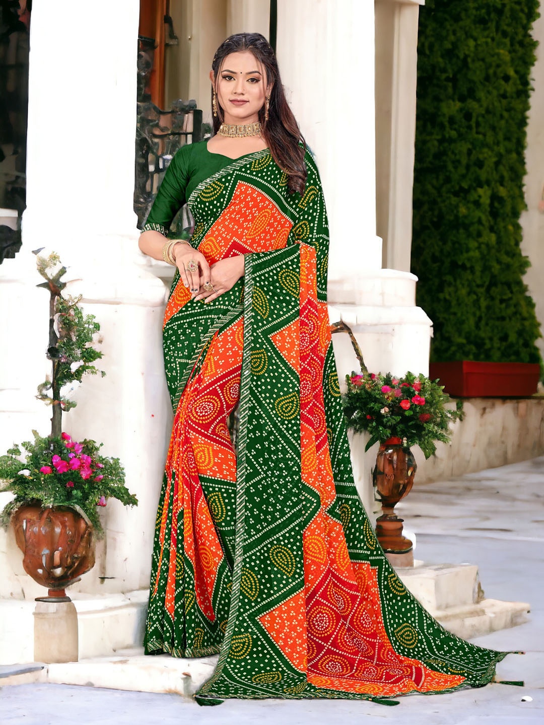 

DIVASTRI Bandhani Printed Pure Georgette Lace Border Saree, Green