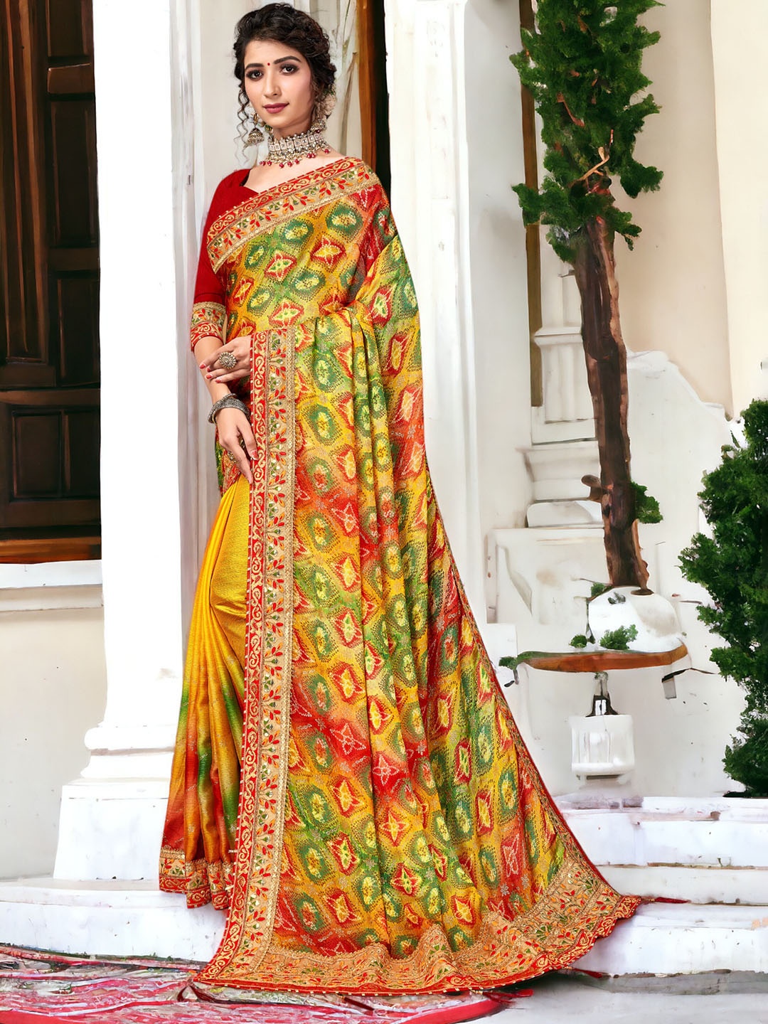 

DIVASTRI Floral Printed Embroidered Pure Georgette Lace Border Bandhani Saree, Yellow