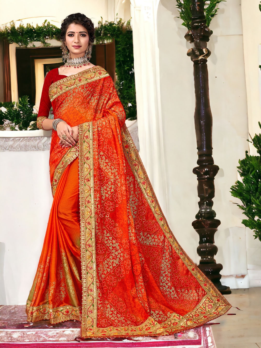 

DIVASTRI Bandhani Printed Pure Georgette Heavy Lace Border Saree, Orange