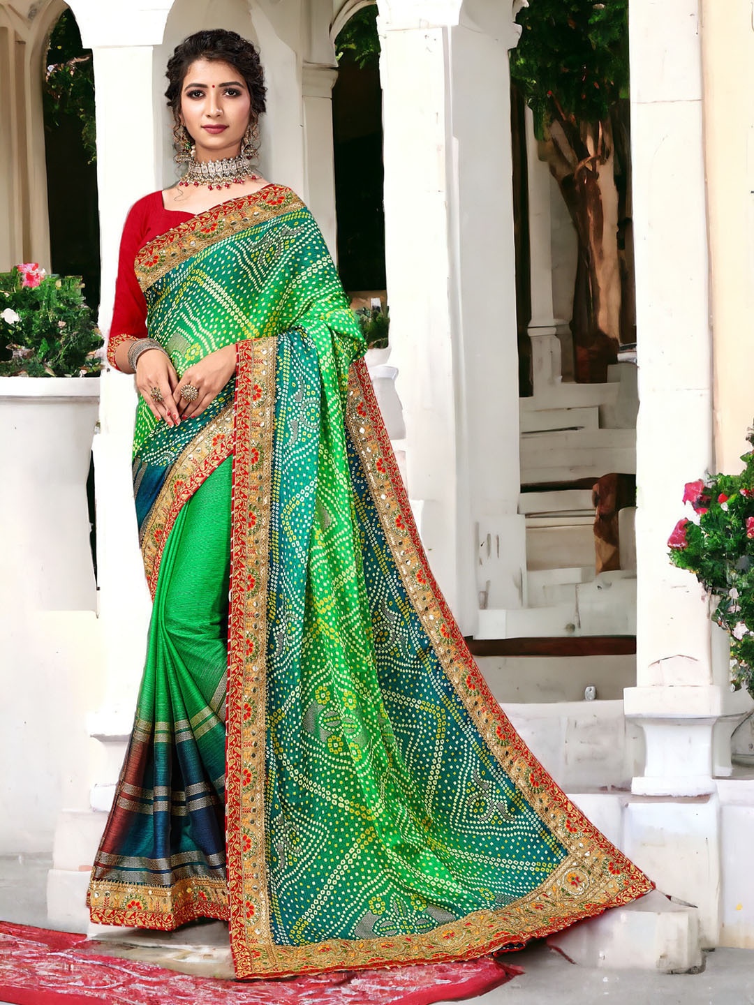 

DIVASTRI Bandhani Printed Embroidered Pure Georgette Heavy Lace Border Saree, Green