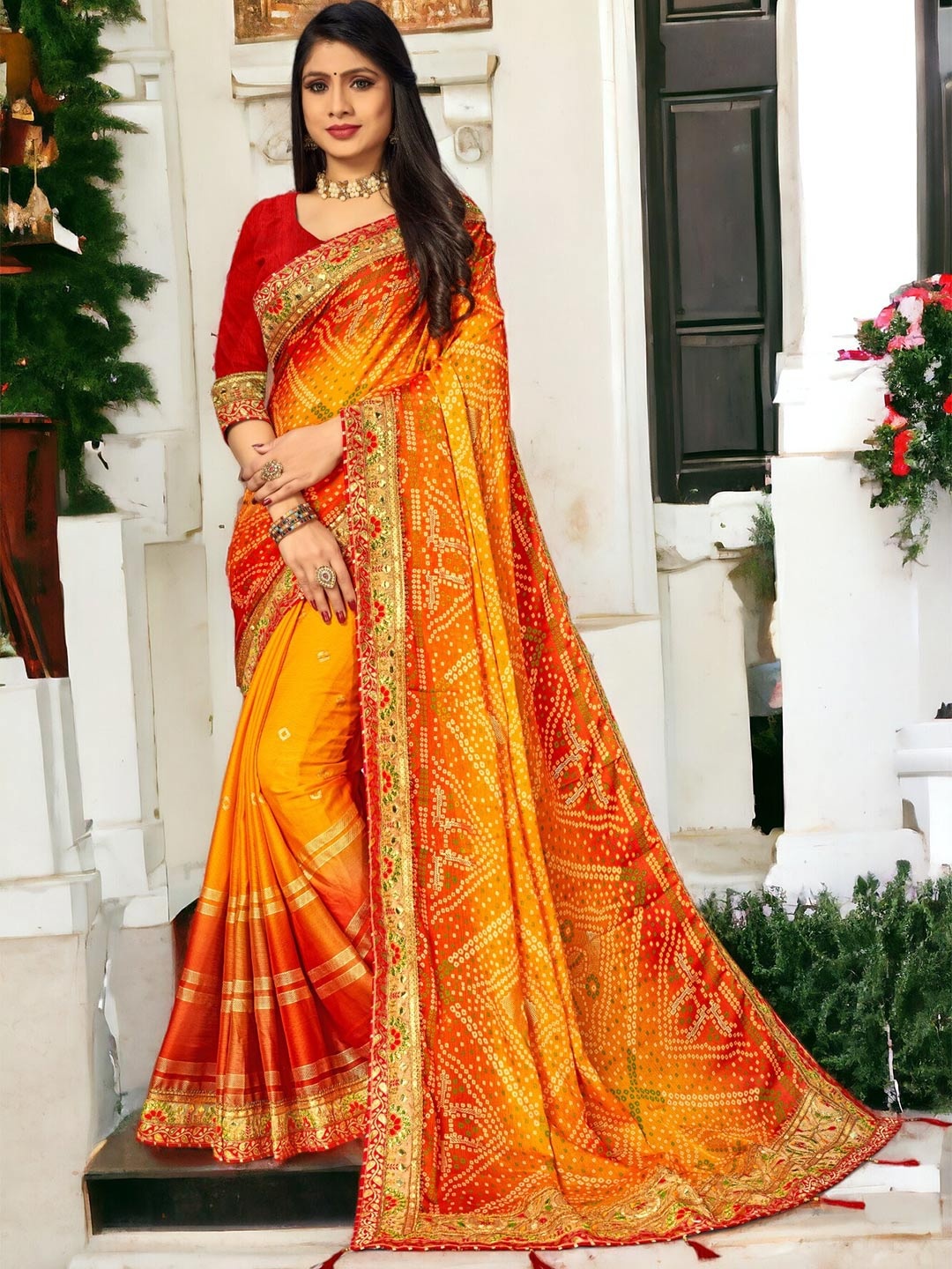 

DIVASTRI Bandhani Printed Embroidered Pure Chiffon Saree, Orange