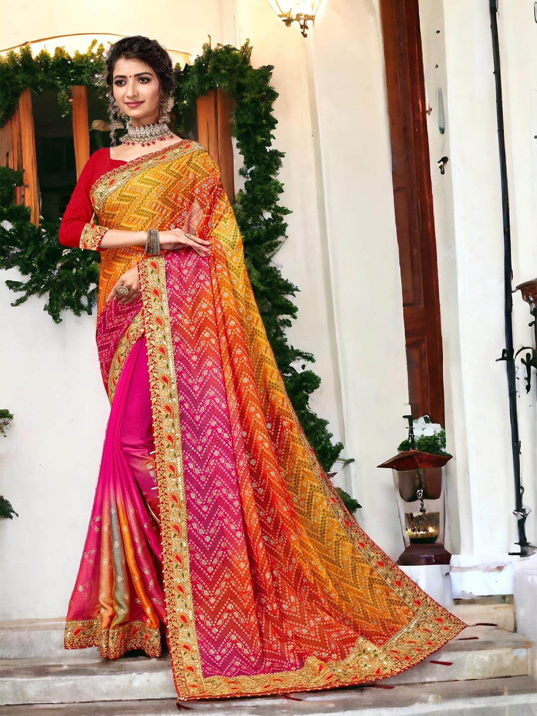 

DIVASTRI Leheriya Embroidered Printed Pure Georgette Designer Bandhani Saree, Pink