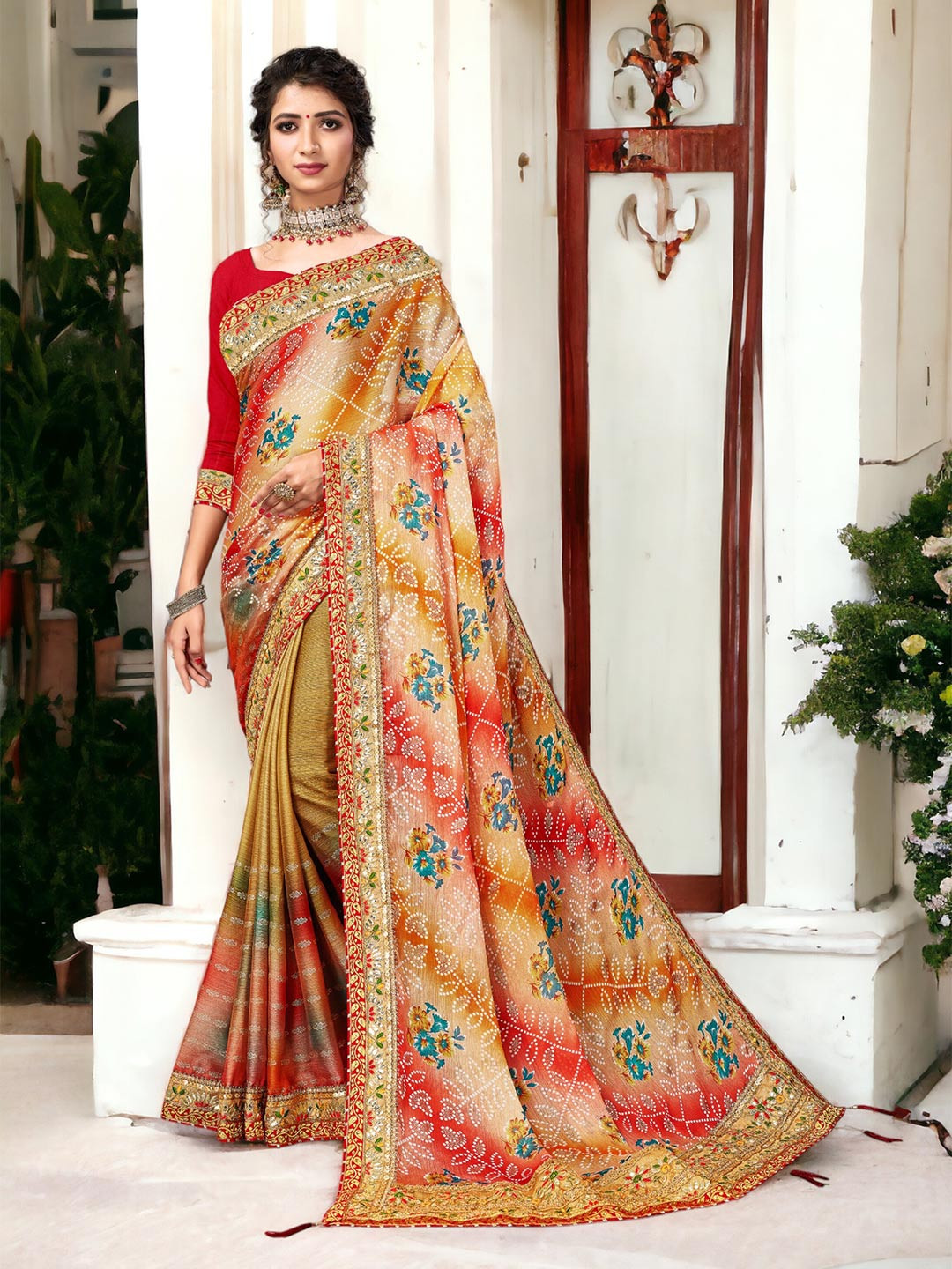 

DIVASTRI Bandhani Printed Embroidered Gotta Patti Pure Georgette Saree, Cream