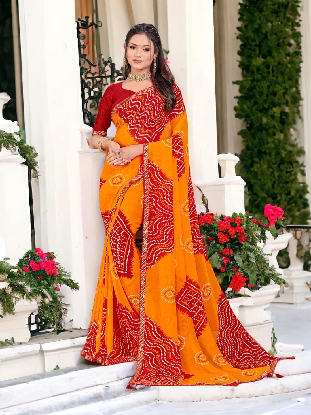 

DIVASTRI Bandhani Printed Pure Georgette Saree, Mustard