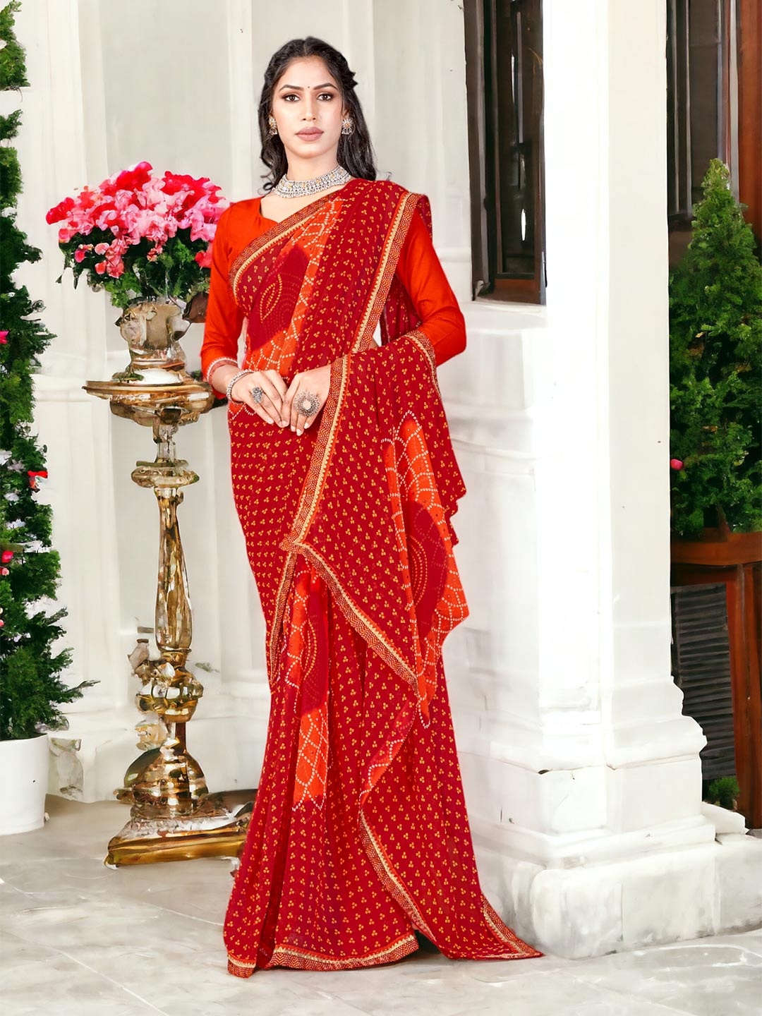 

DIVASTRI Pure Georgette Designer Bandhani Saree, Red