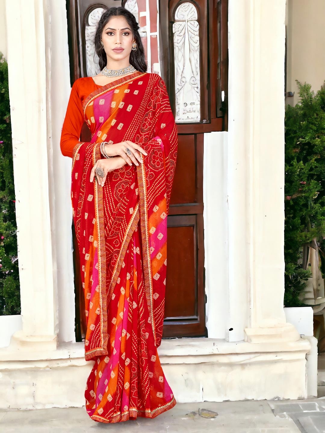 

DIVASTRI Bandhani Printed Pure Georgette Saree, Red