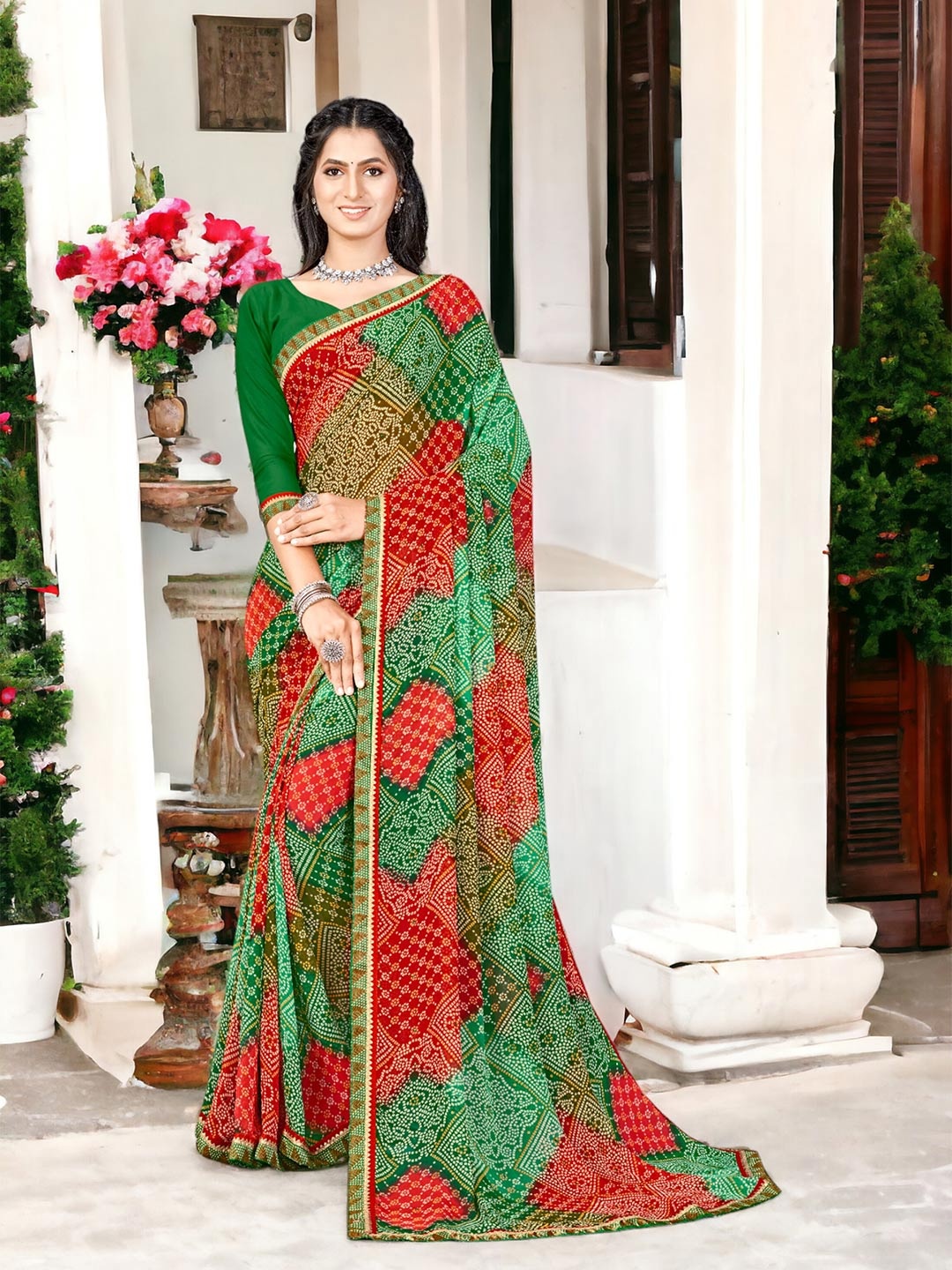 

DIVASTRI Leheriya Pure Georgette Designer Bandhani Saree, Green