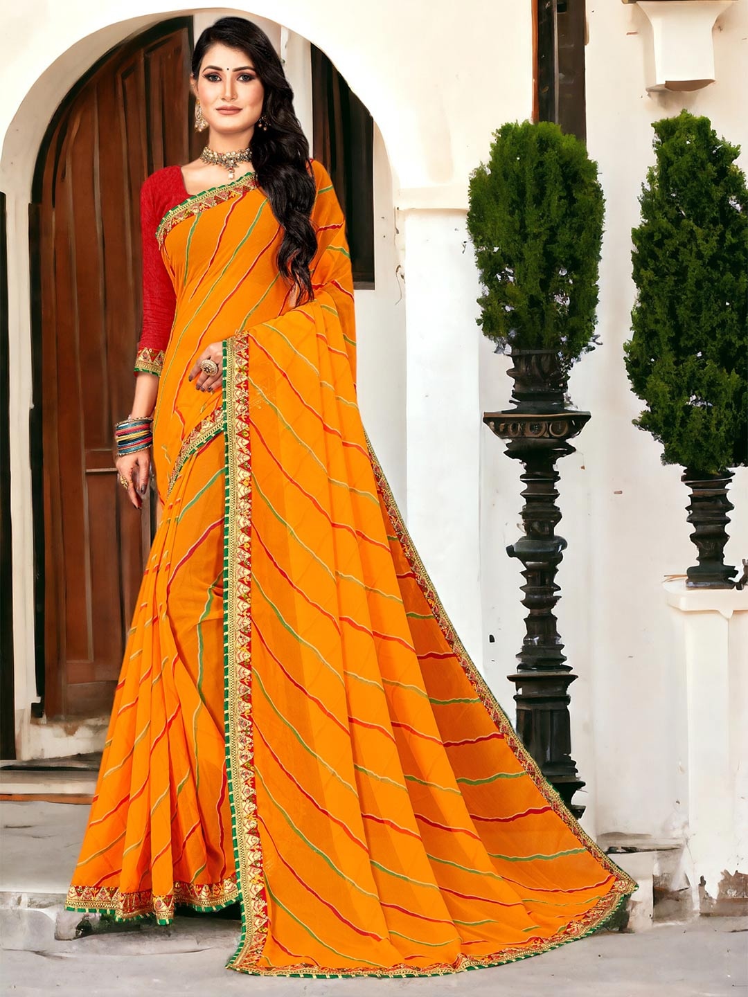 

DIVASTRI Leheriya Pure Georgette Bandhani Saree, Yellow