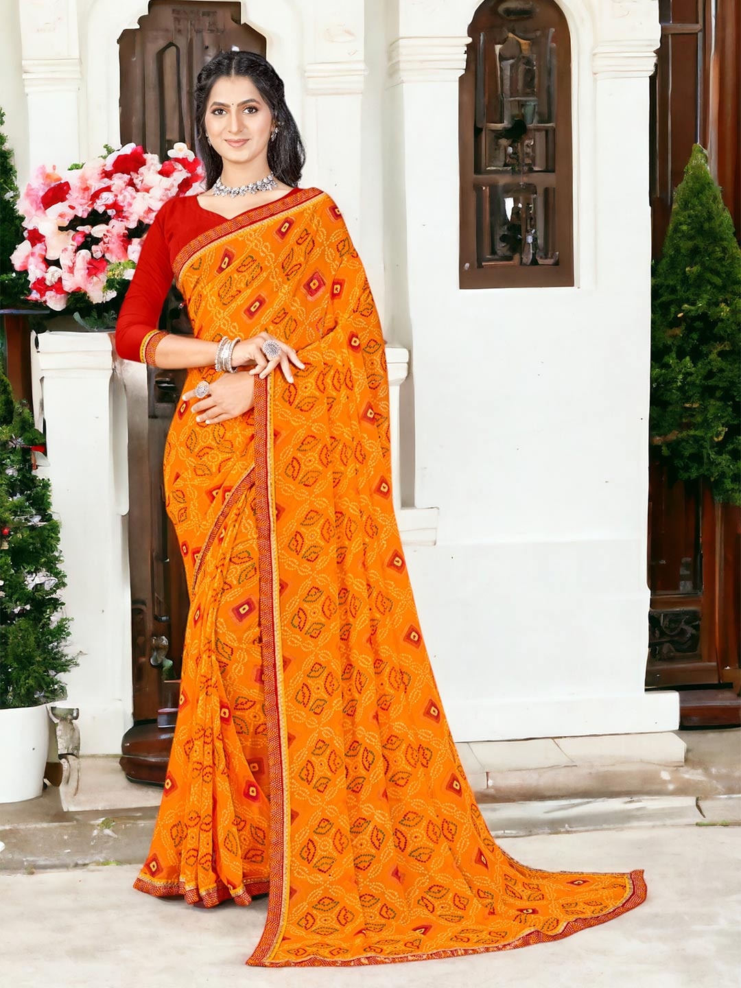 

DIVASTRI Bandhani Printed Woven Design Gotta Patti Pure Georgette Saree, Yellow