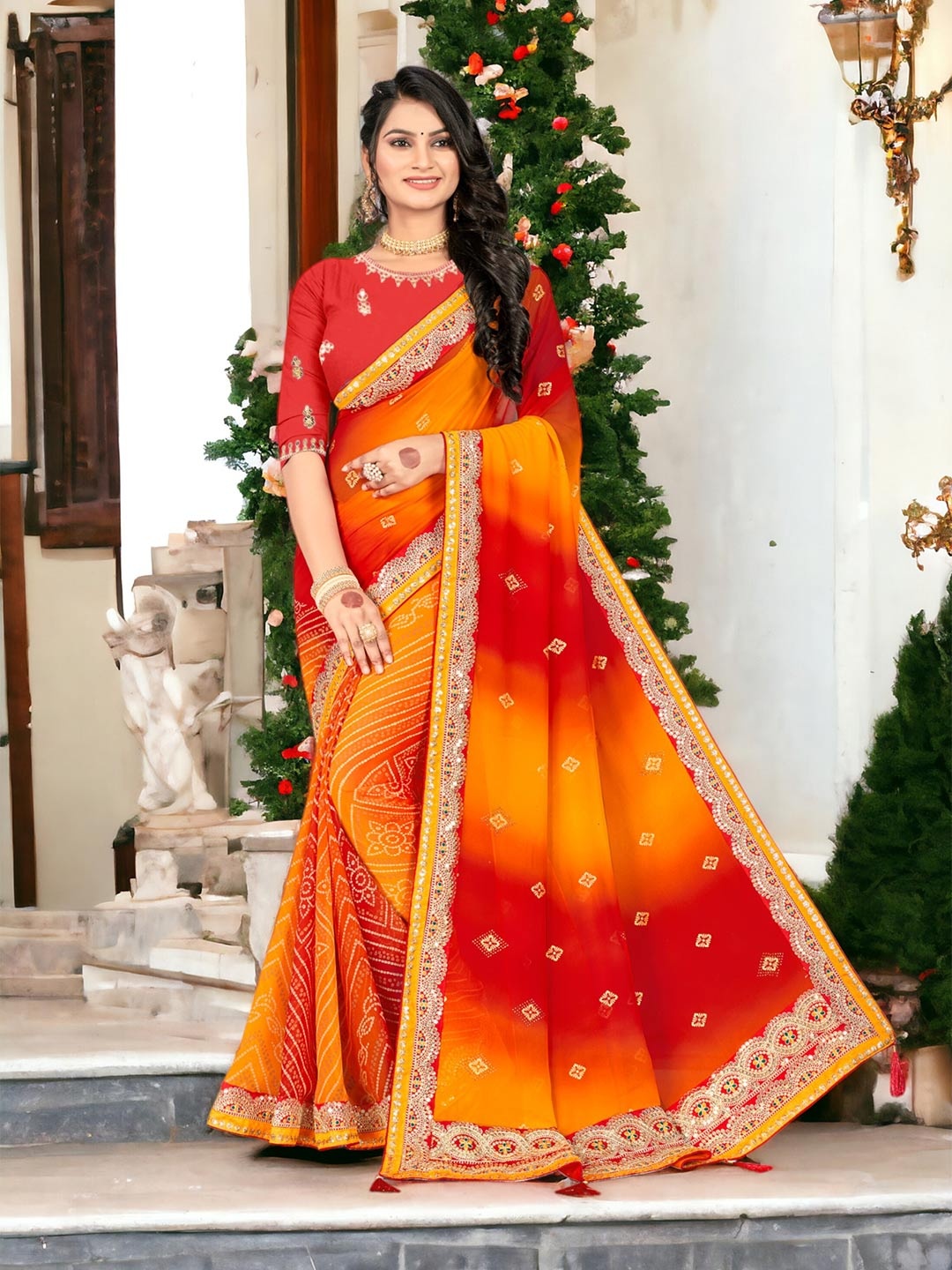 

DIVASTRI Leheriya Embroidered Printed Pure Georgette Half and Half Bandhani Saree, Yellow