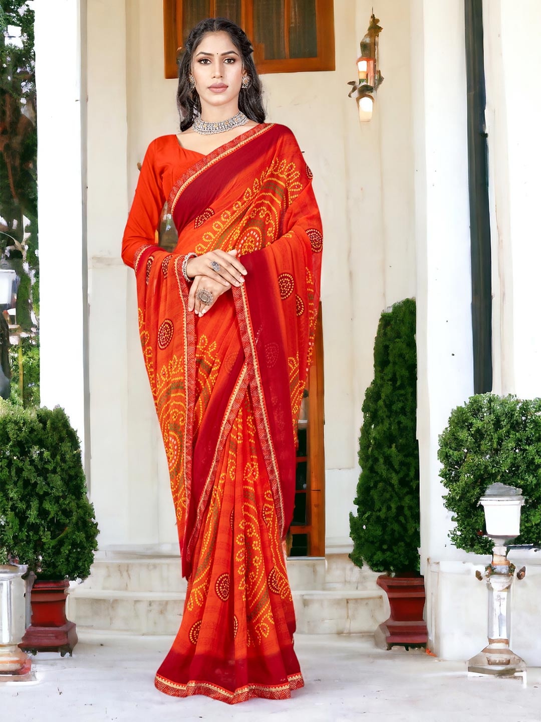 

DIVASTRI Leheriya Printed Pure Georgette Designer Bandhani Saree with Lace Border, Orange