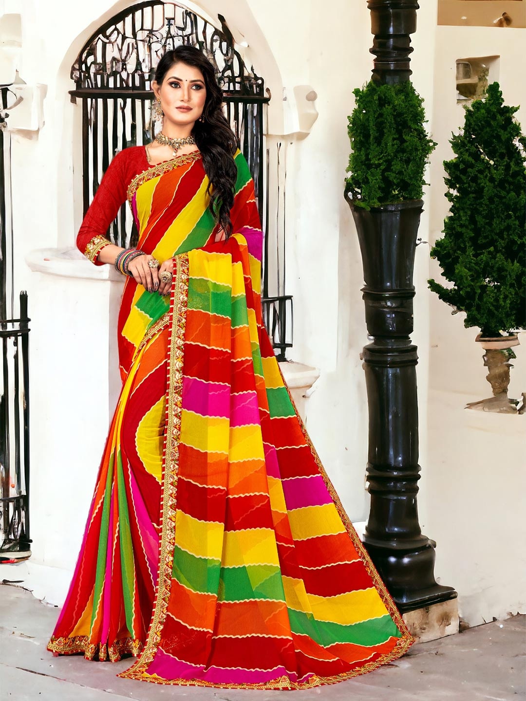 

DIVASTRI Leheriya Pure Georgette Saree, Pink
