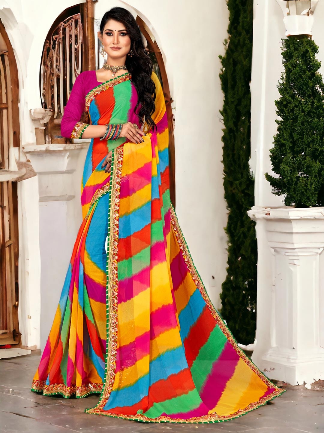 

DIVASTRI Leheriya Printed Pure Georgette Bandhani Saree, Red
