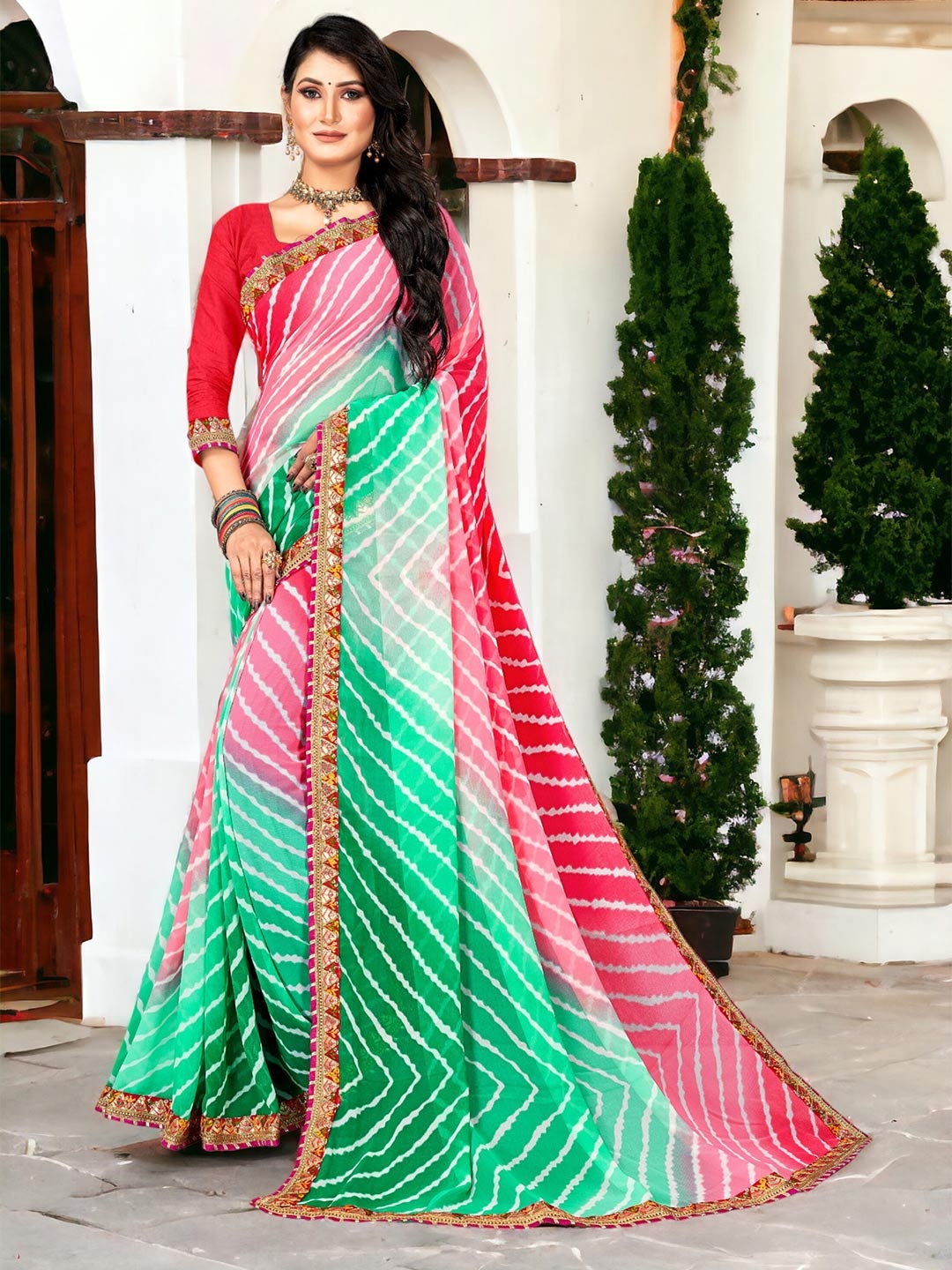 

DIVASTRI Leheriya Pure Georgette Bandhani Saree, Turquoise blue