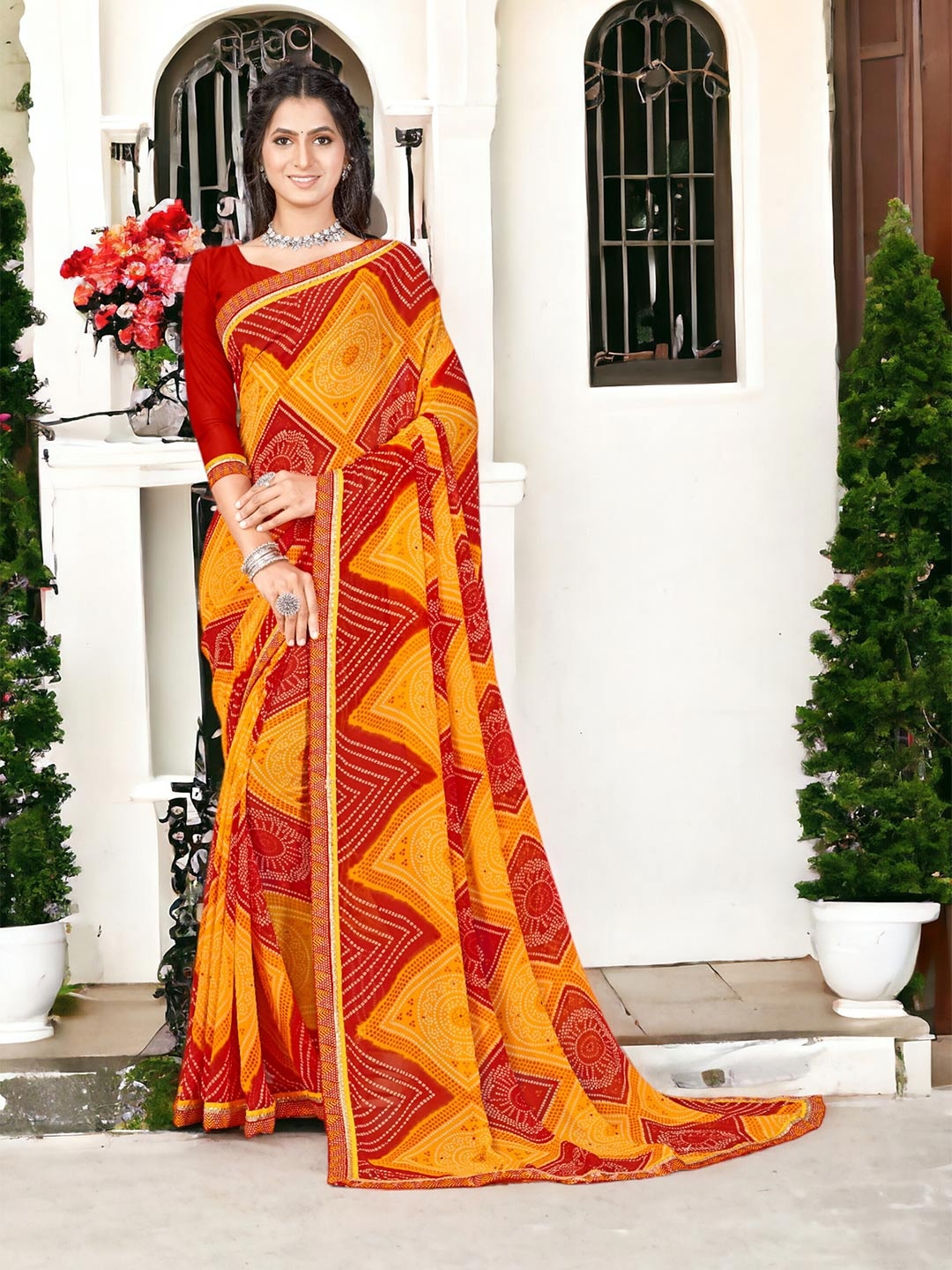 

DIVASTRI Leheriya Pure Georgette Bandhani Saree, Yellow