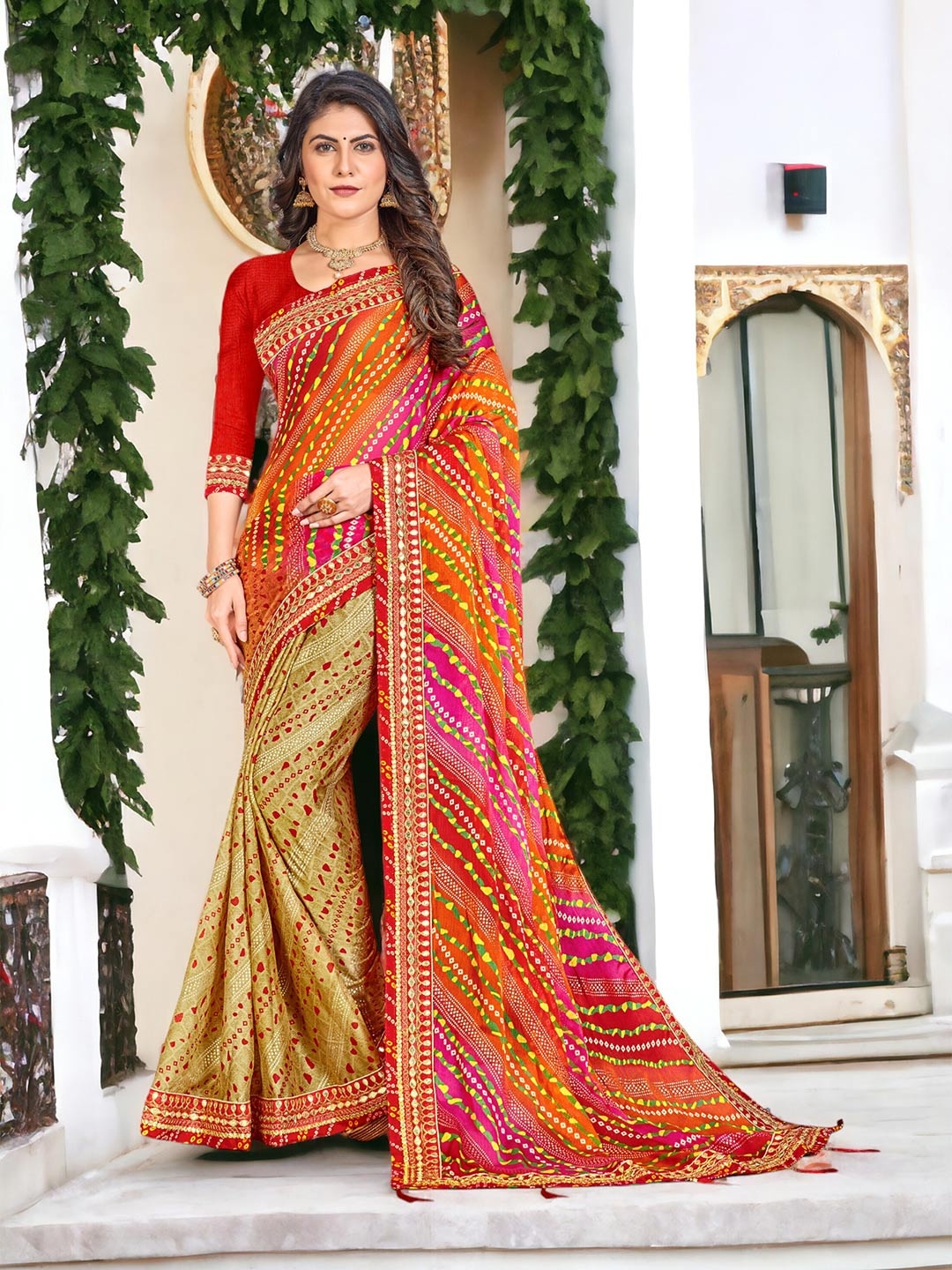 

DIVASTRI Cream Bandhani Printed Embroidered Gotta Patti Pure Chiffon Saree