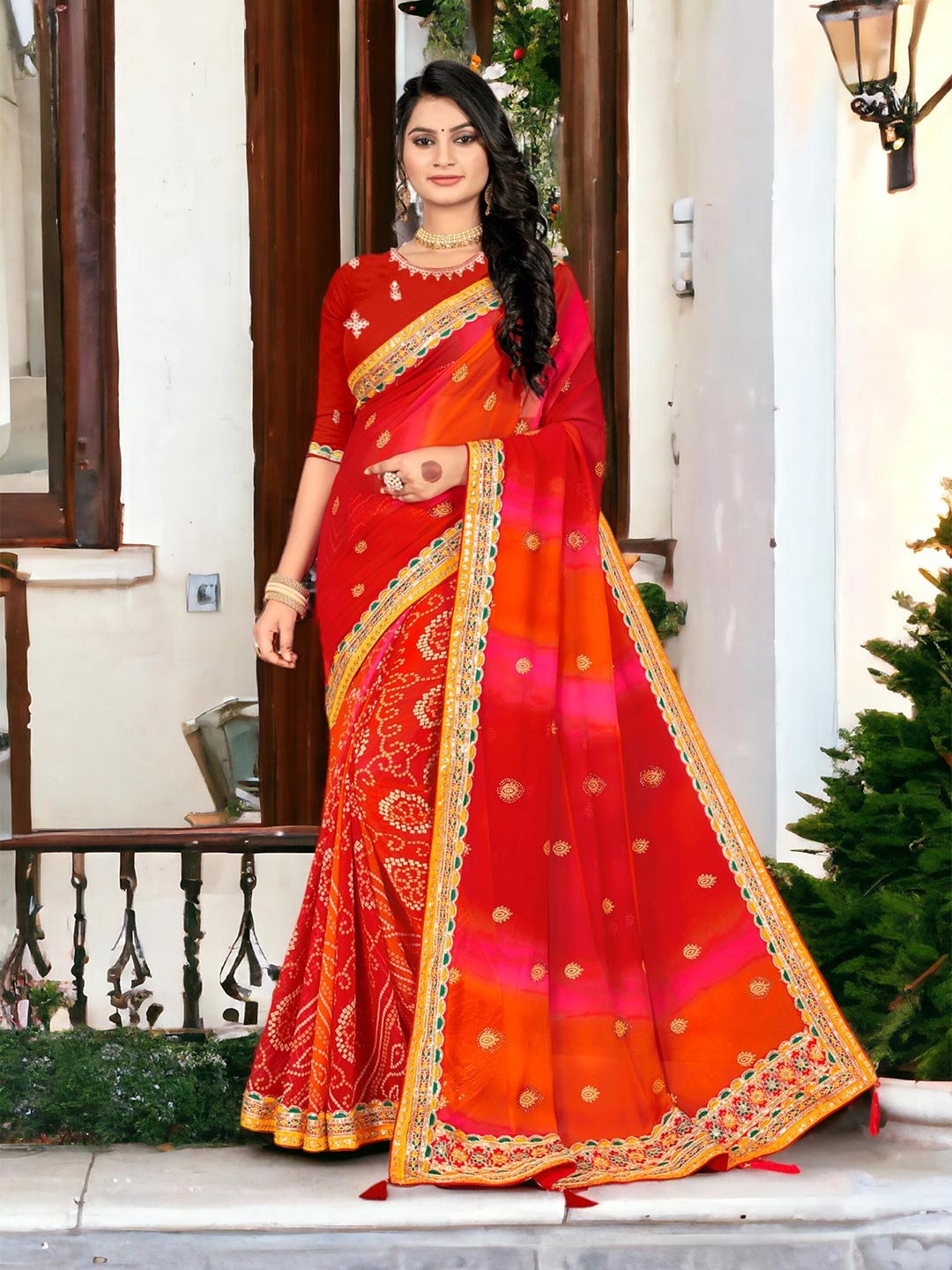 

DIVASTRI Embroidered Pure Georgette Half and Half Bandhani Saree, Red
