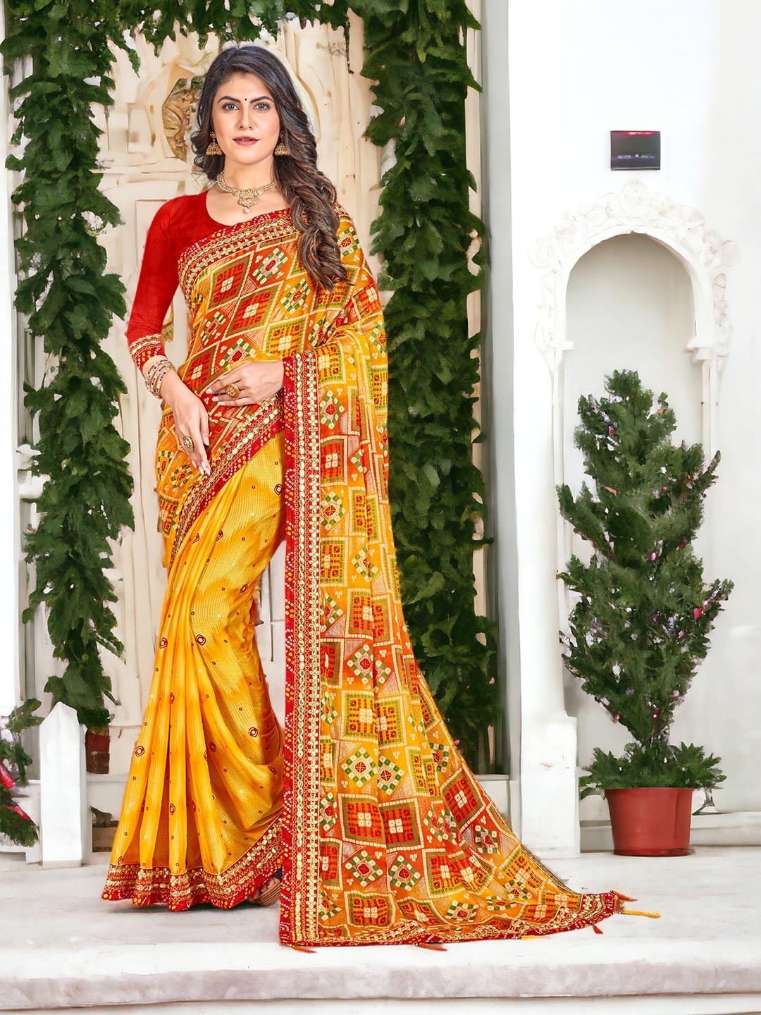 

DIVASTRI Bandhani Printed Pure Chiffon Saree, Yellow
