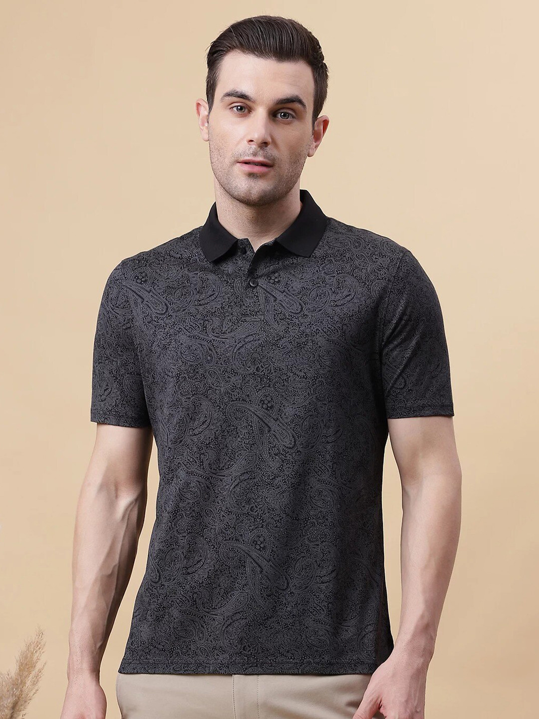 

Marks & Spencer Ethnic Motifs Printed Polo Collar Pure Cotton T-shirt, Black
