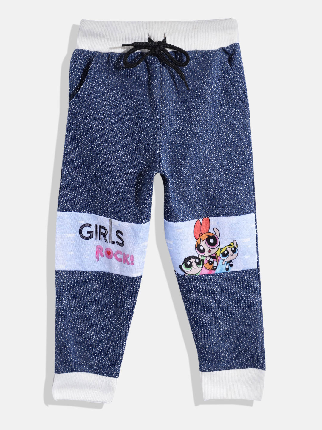 

Eteenz Girls Premium Cotton Mid-Rise Powerpuff Girls Printed Joggers, Navy blue