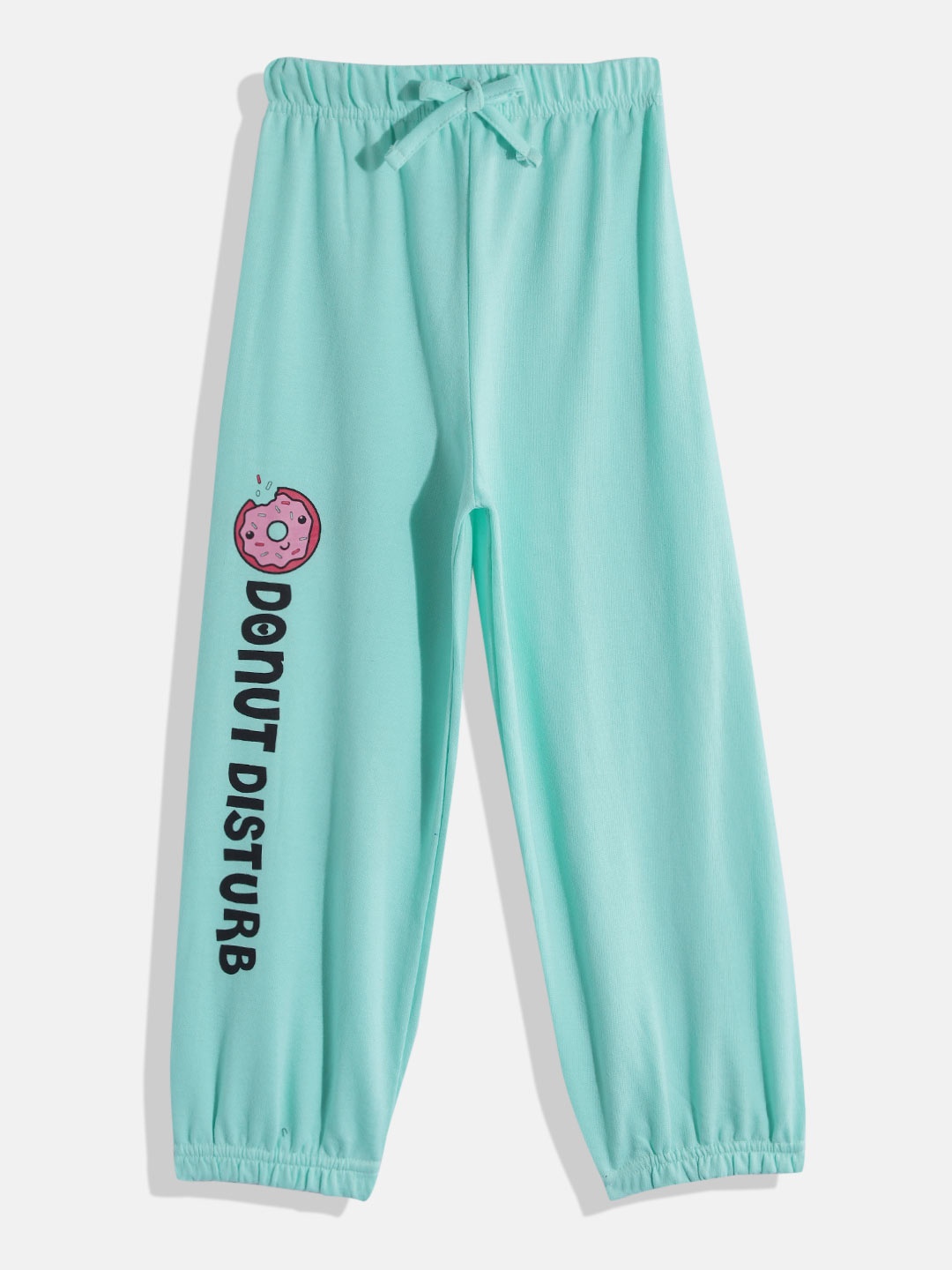 

Eteenz Girls Mid-Rise Typography & Conversational Printed Premium Cotton Joggers, Turquoise blue
