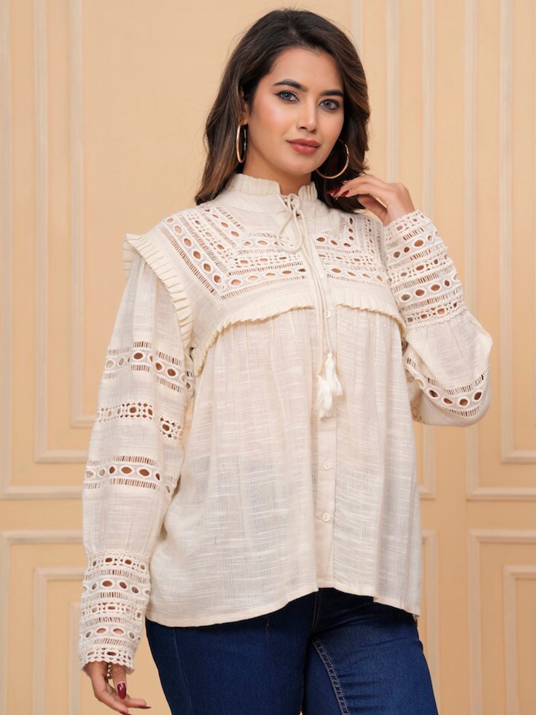 

Hatheli Ethnic Print Cotton Shirt Style Top, Beige