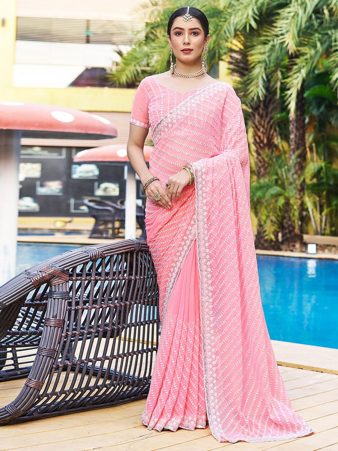 

Satrani Striped Embroidered Chiffon Fusion Saree, Peach