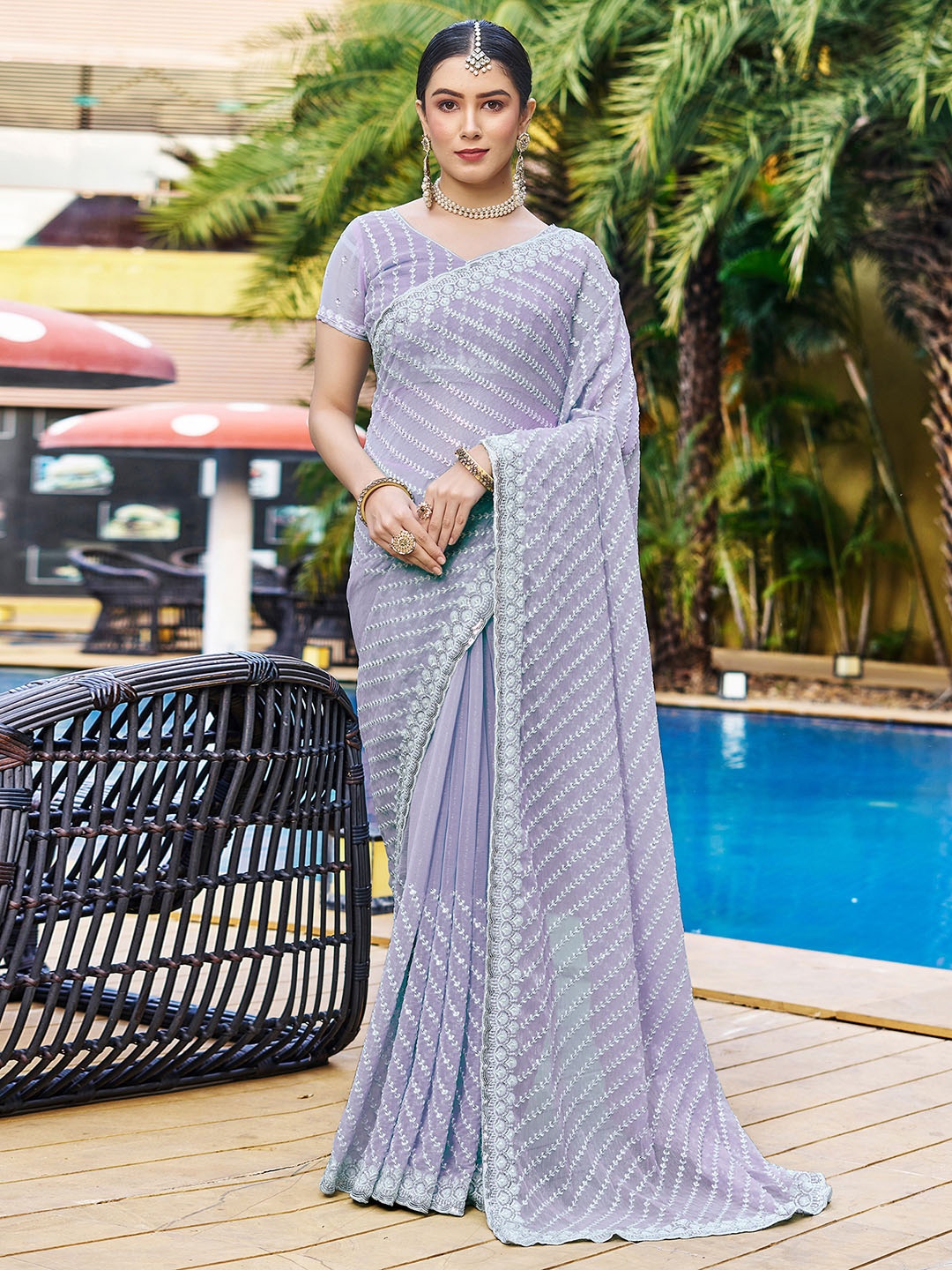 

Satrani Striped Embroidered Fusion Saree, Lavender